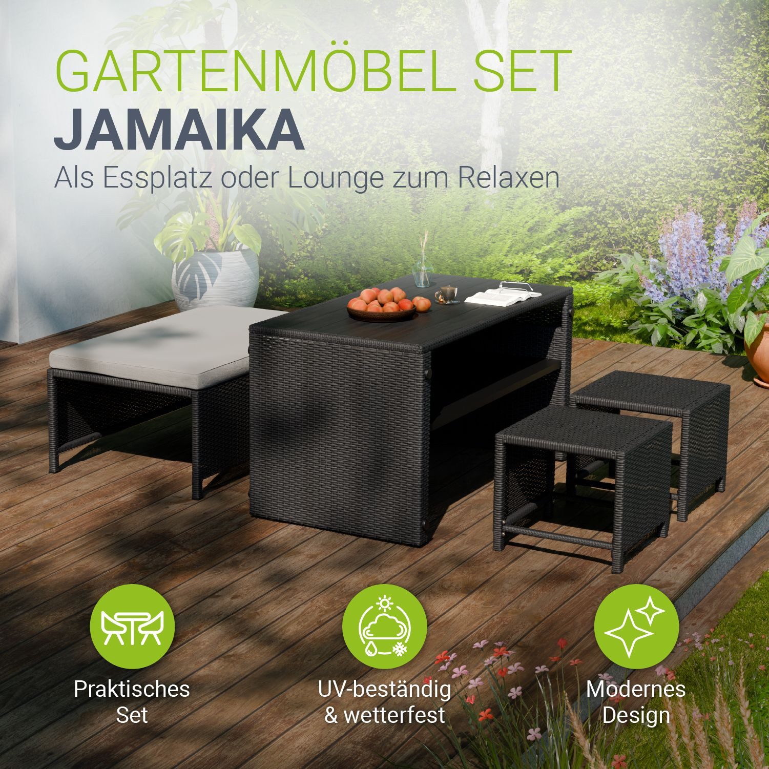 Juskys Gartenlounge-Set Jamaika, 2in1 Polyrattan Set, wetterbeständig, mit günstig online kaufen