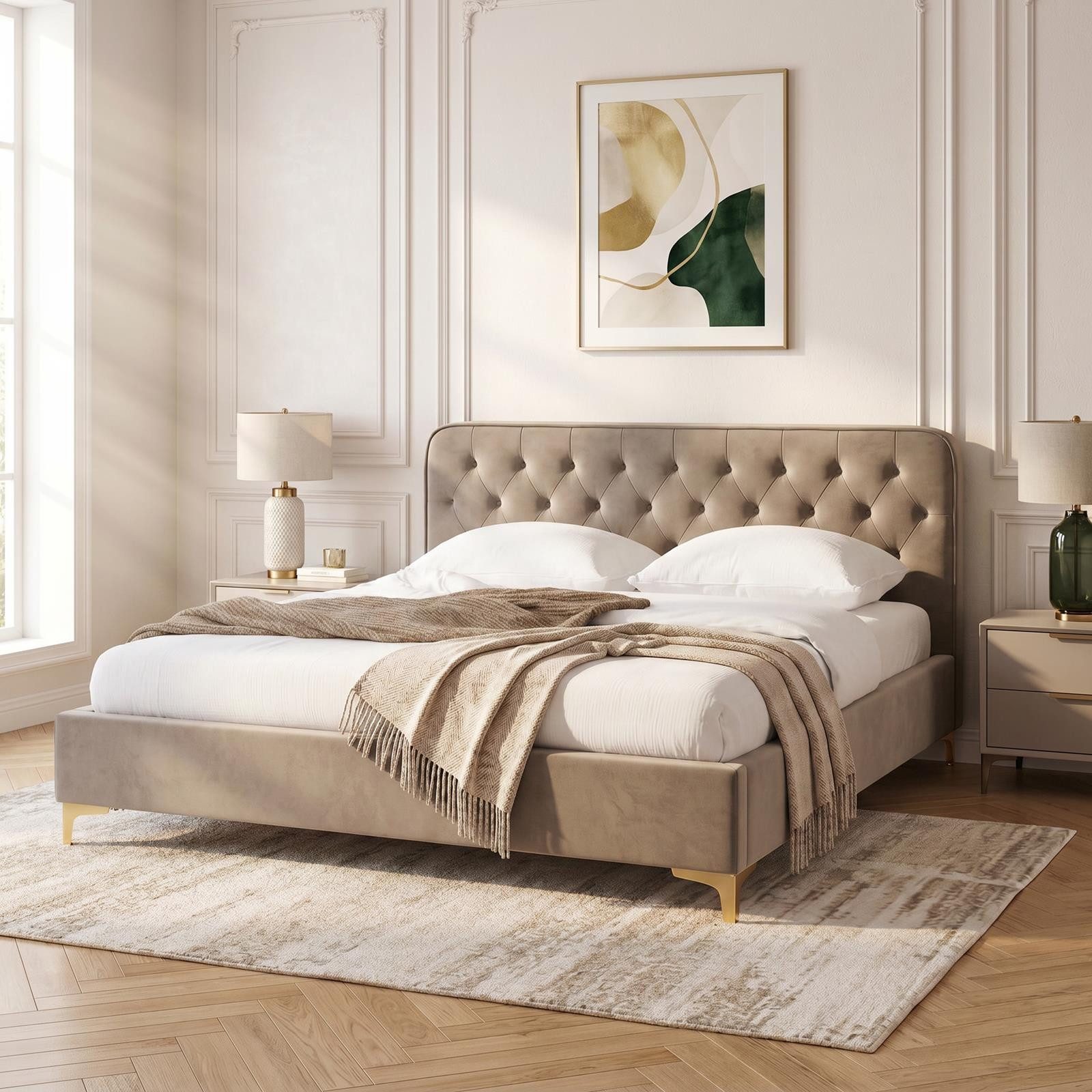 CARO-Möbel Polsterbett GLAMOUR, Bett GLAMOUR gepolstert mit Steppmuster aus Samtstoff beige