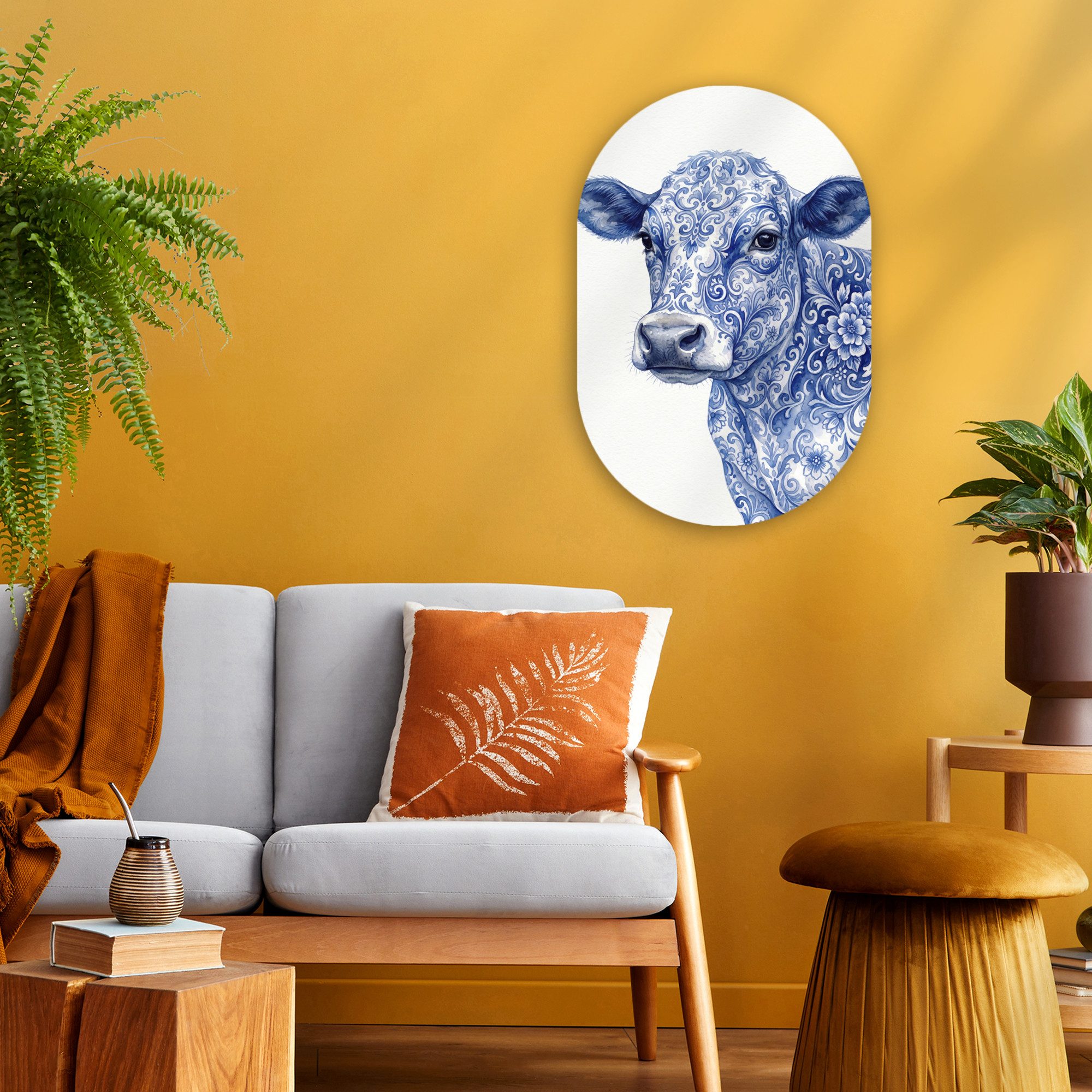 MuchoWow Gemälde Illustration - Kuh - Blau, Fotodruck (1 St), Wandbild Oval, Wohnzimmer oder Schlafzimmer Wanddekoration, 40x60 cm