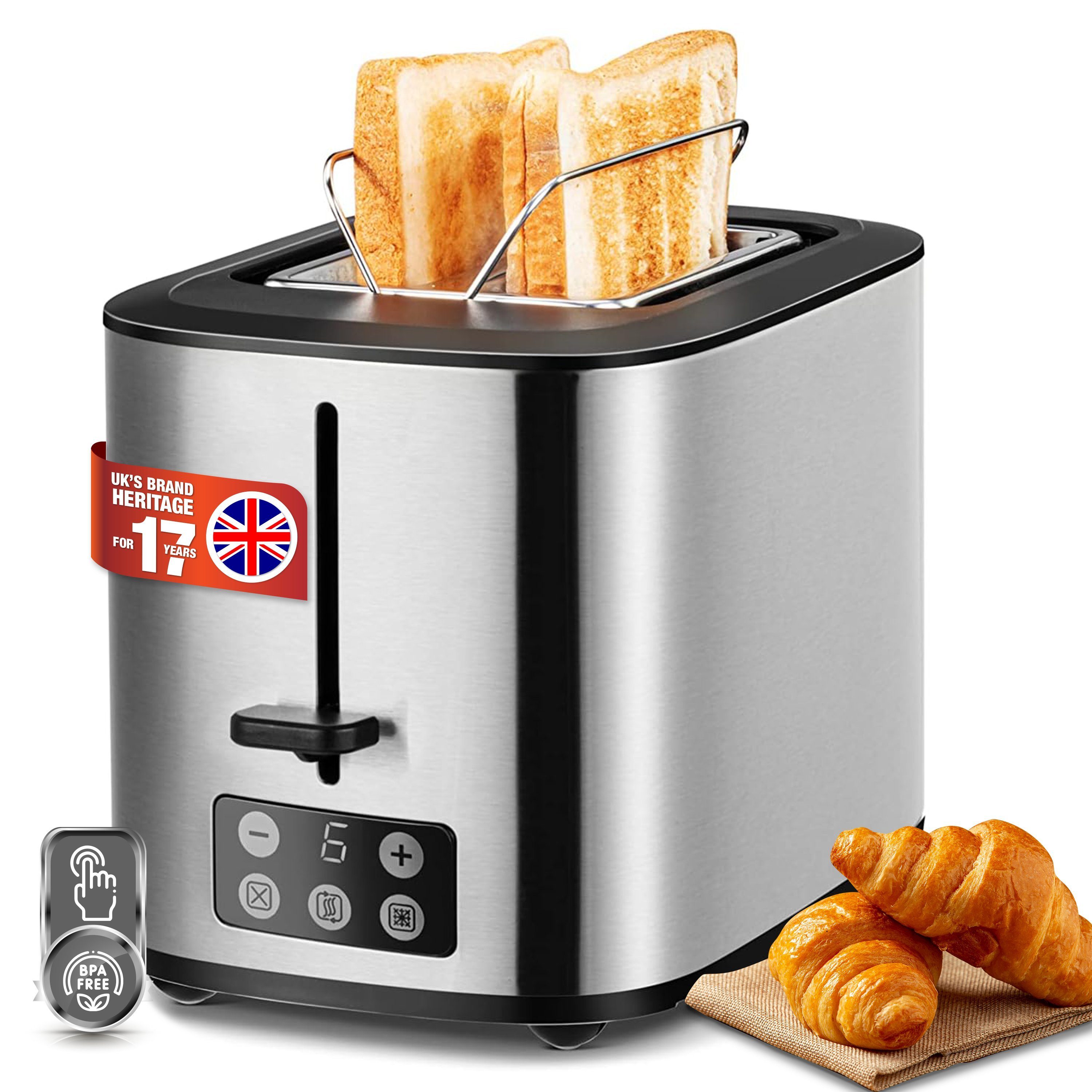 Linsar Toaster 6 Bräunungsstufen, Krümelschublade, integrierter Brötchenaufsatz, 2 kurze Schlitze, für 2 Scheiben, Brötchen Aufsatz