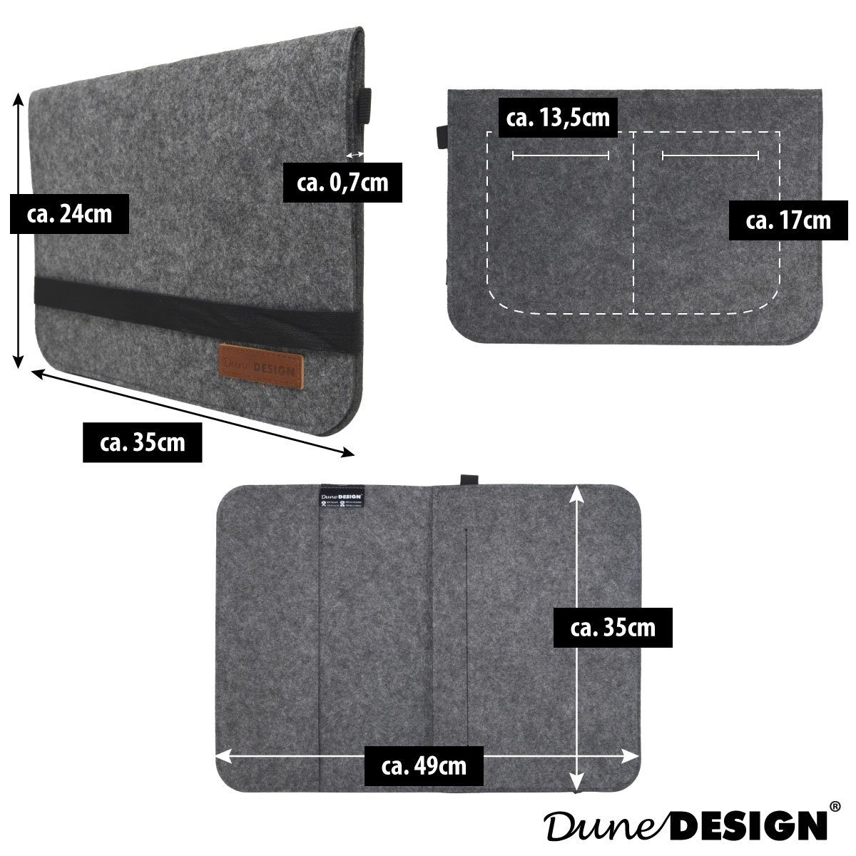 DuneDesign Tablettasche 13.3 Filz Laptop Tasche 35x24 cm Tablet Hulle MacBook Pro Air iPad Net Grau