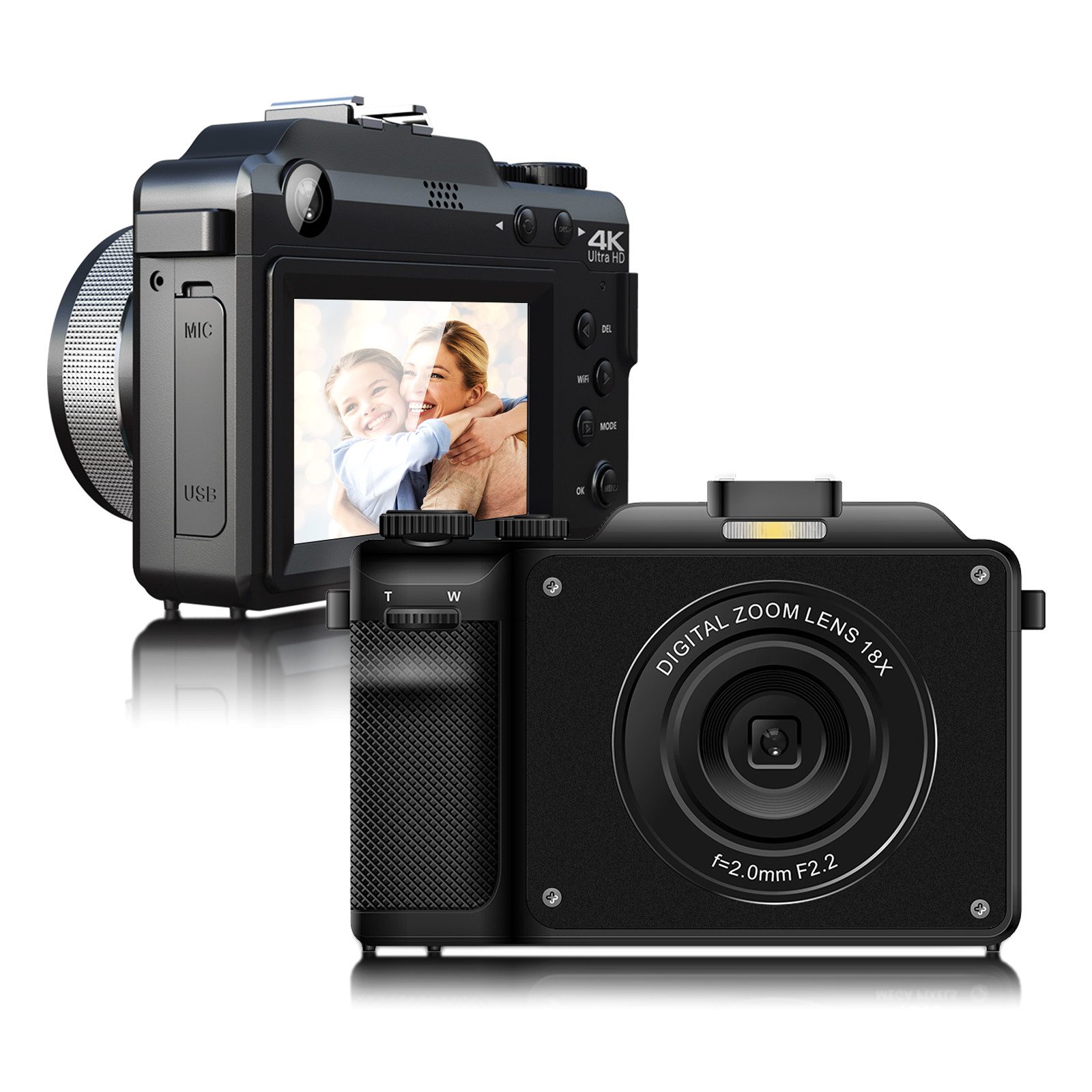 HT Digitalkamera doppelt 48MP, 4K-Video, Kompaktkamera (18x Zoom, Anti-Schüttel 3D-Sound Kompaktkamera)
