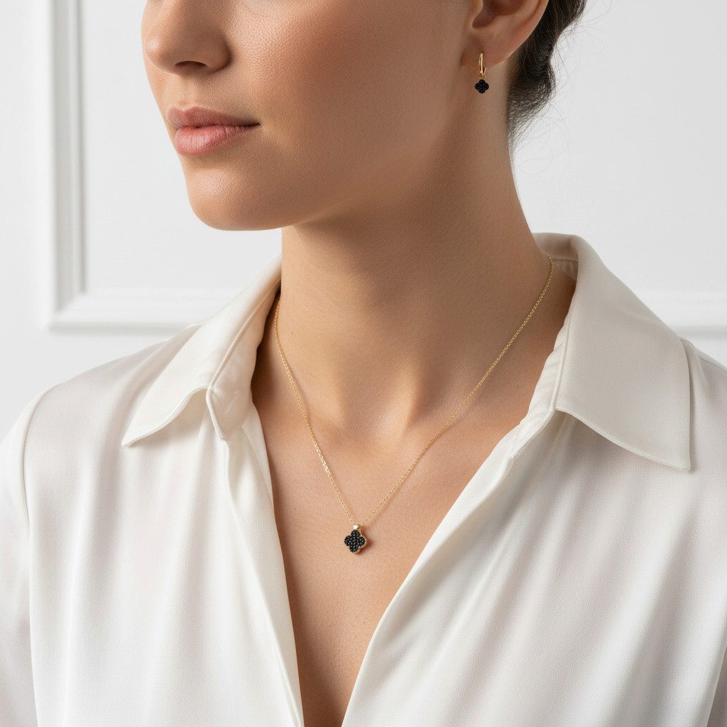 Suzan Gold Schmuckset Noirclover – 375 Gold Kette & Ohrringe mit schwarzem günstig online kaufen