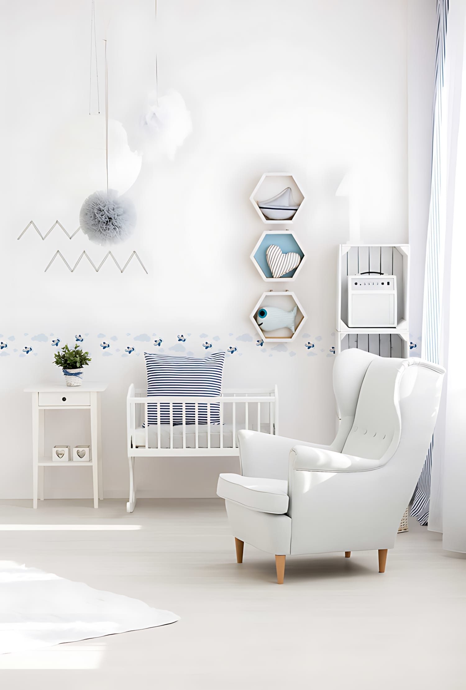 Profhome Bordüre 403752-GU Grafik Tapete Kindertapete matt blau grau weiß 0,75 m2, leicht strukturiert, matt, (1 Rolle, 0,75 qm), selbstklebende Bordüre in blau