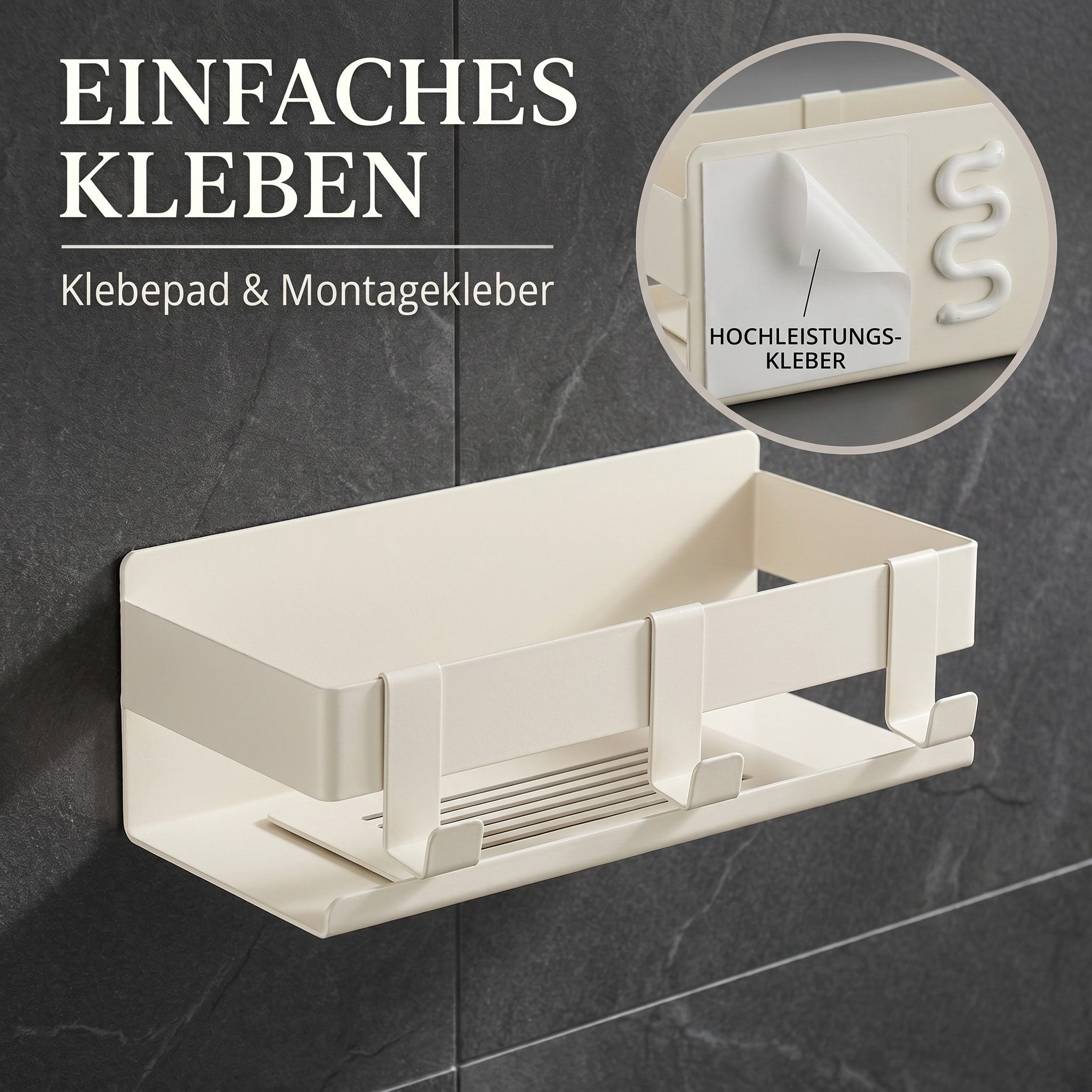 DEKAZIA Duschablage ohne Bohren, Selbstklebender Duschkorb, Duschregal Edelstahl, selbstklebend, 5 Farben erhätlich, inkl. Klebeset & 3 Haken, Badezimmerregal, Bad Regal,Aufbewahrung Bad, Duschzubehör
