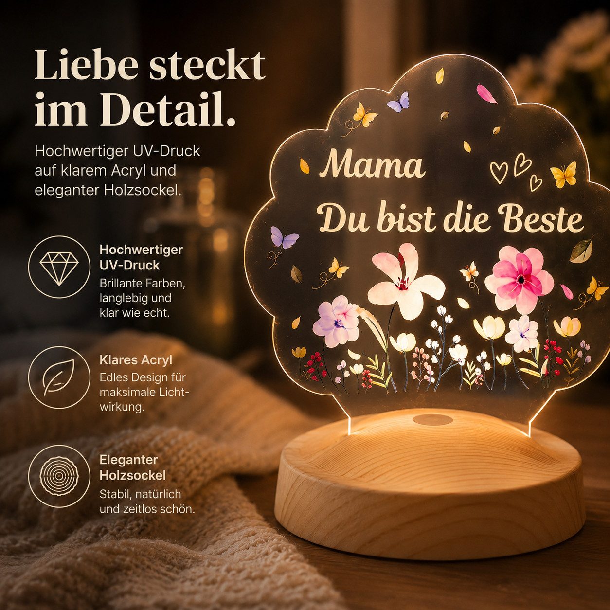 Geschenkelampe LED Nachtlicht LED Nachtlichtlampe Blütenlicht – Mama Du bist die Beste, LED fest integriert, 16 verschiedene Farben, Tageslichtweiß, Muttertag