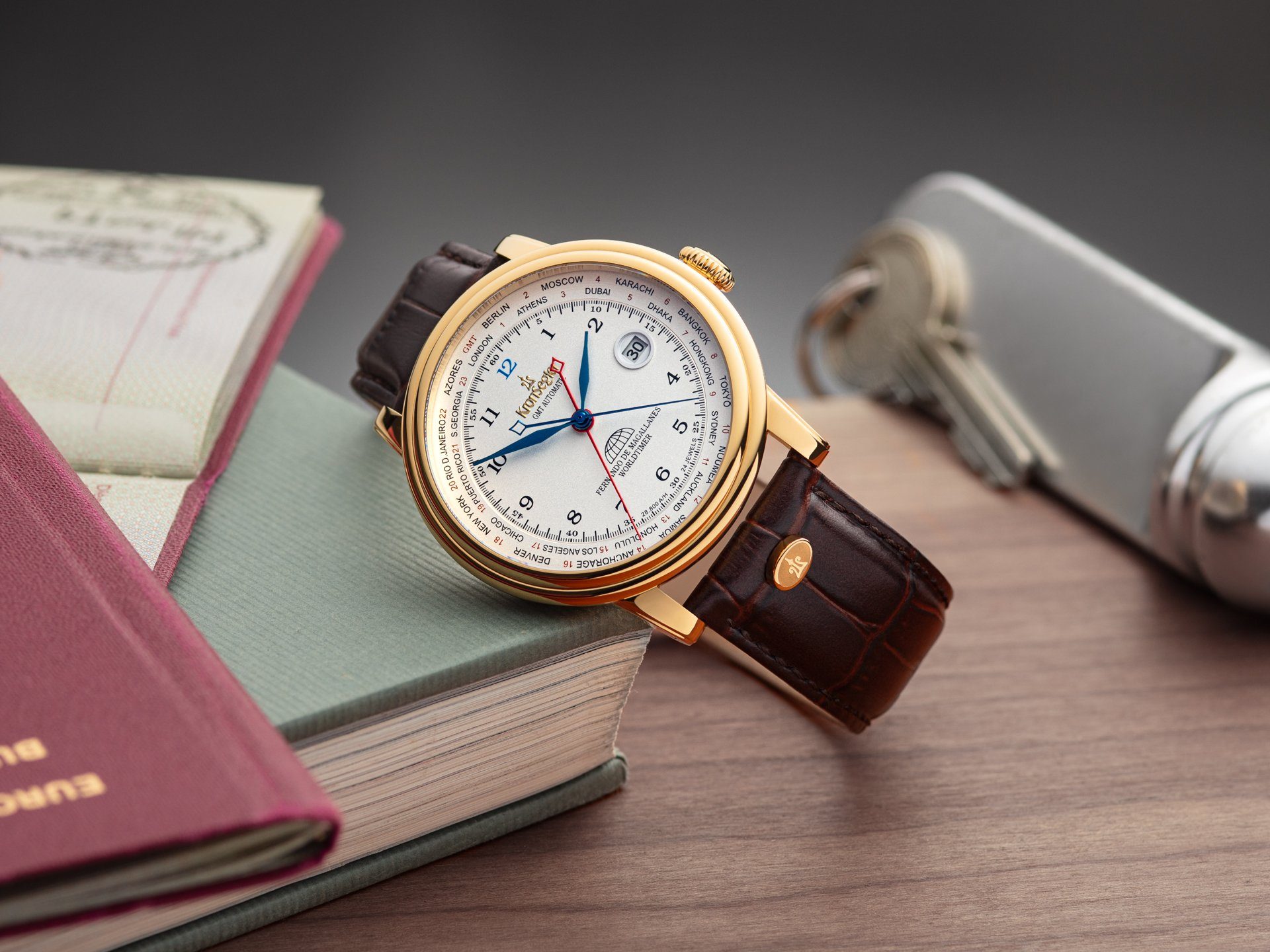 GMT Lederband, Kronsegler Herren Magallanes" mit Automatikuhr m. Armbanduhr gold-silberweiß/braun "Fernando Worldtimer de