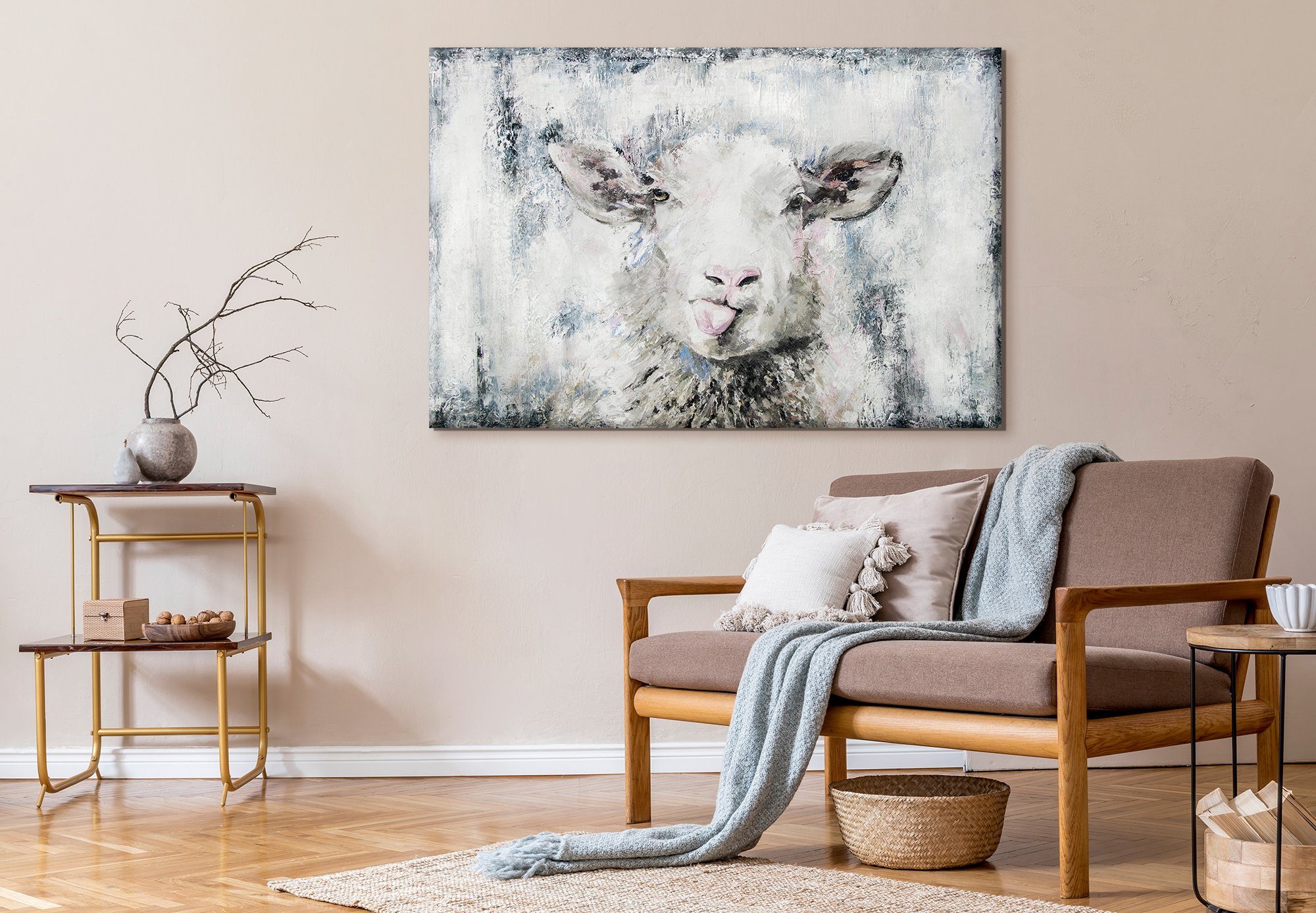 YS-Art Gemälde Glückliches Schaf, Tiere, Schattenfugenrahmen Rosa Tier Leinwand Handgemalt Blau Schwarz Bild Ohne