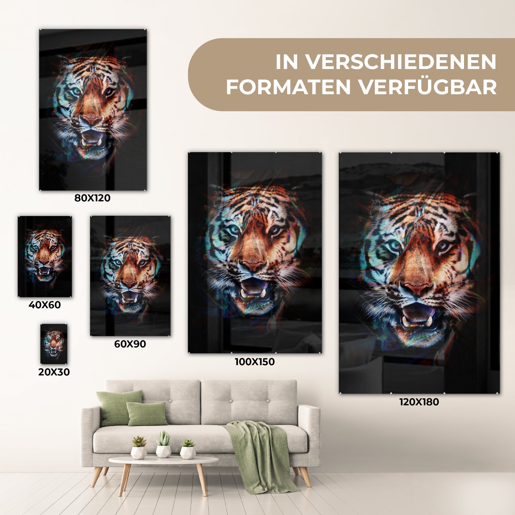 auf - Foto Acrylglasbild Glas Schwarz, Glas (1 Glasbilder bunt - - Tiger Wanddekoration MuchoWow St), Farben Wandbild auf - - Bilder