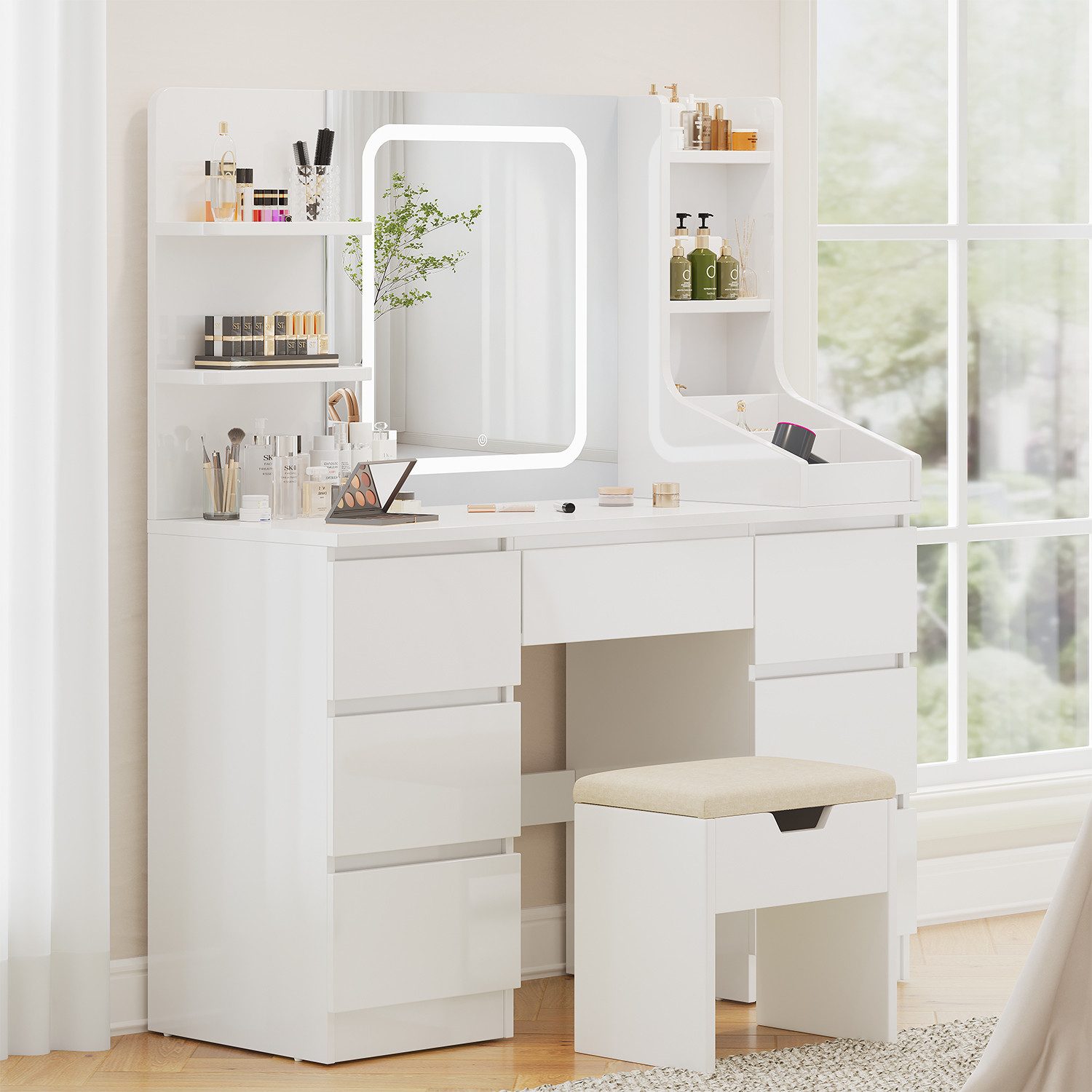 Furnicopia Schminktisch Einstellbare Helligkeit mit 7 Schubladen und 8 offe günstig online kaufen