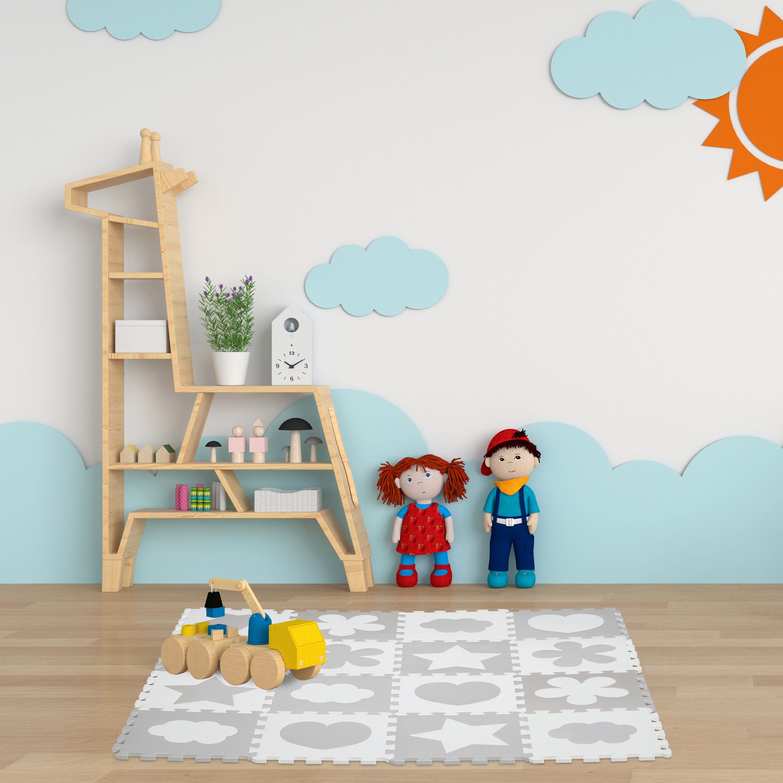 relaxdays Spielmatte 52-tlg. Puzzlematte mit Rand und Motiven, grau günstig online kaufen