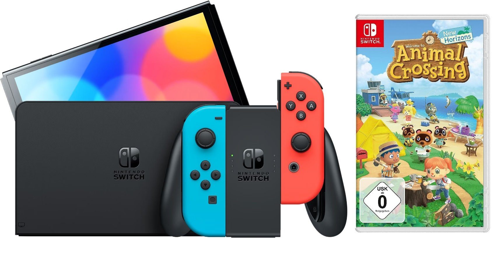 Nintendo Switch OLED Konsole Schwarz Blau Rot (Bundle, inkl. Animal Crossing: New Horizons Spiel), Handheld Spielekonsole Neonrot/Neonblau Set