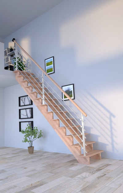 Starwood Systemtreppe »Massivholz Lindos, Design-Geländer Edelstahl«, für Geschosshöhen bis 300 cm, Stufen offen, Durchgehende Wangenteile