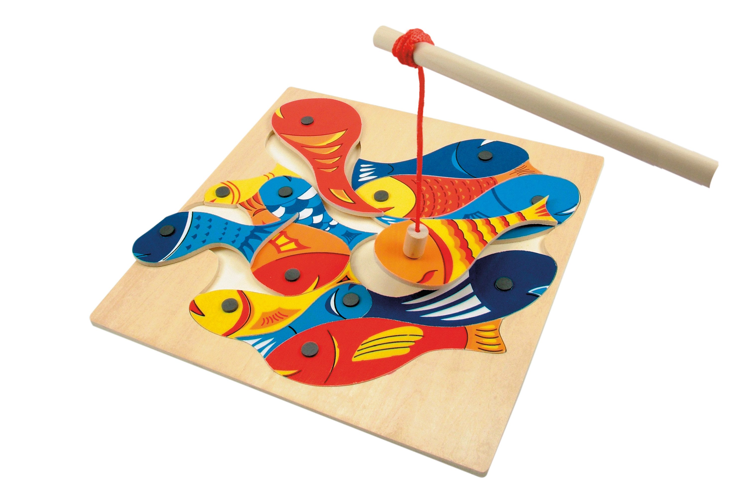 Woodyland Lernspielzeug 90014 Holzspielzeug - magnetisches Angelspiel, Puzzle mit Fischen, Spielbar als Angelspiel und als Konturenpuzzle