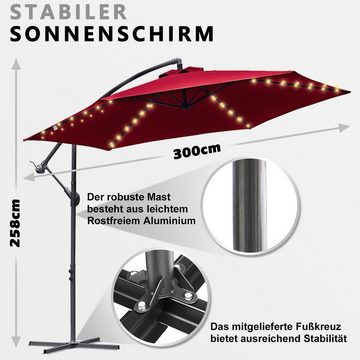 Clanmacy Sonnenschirm 3m - 3.5m Sonnenschirm mit LED Solar Beleuchtung,Ampelschirm Marktschirm Balkonschirm,Aluminium, UV40+, UV -Schutz
