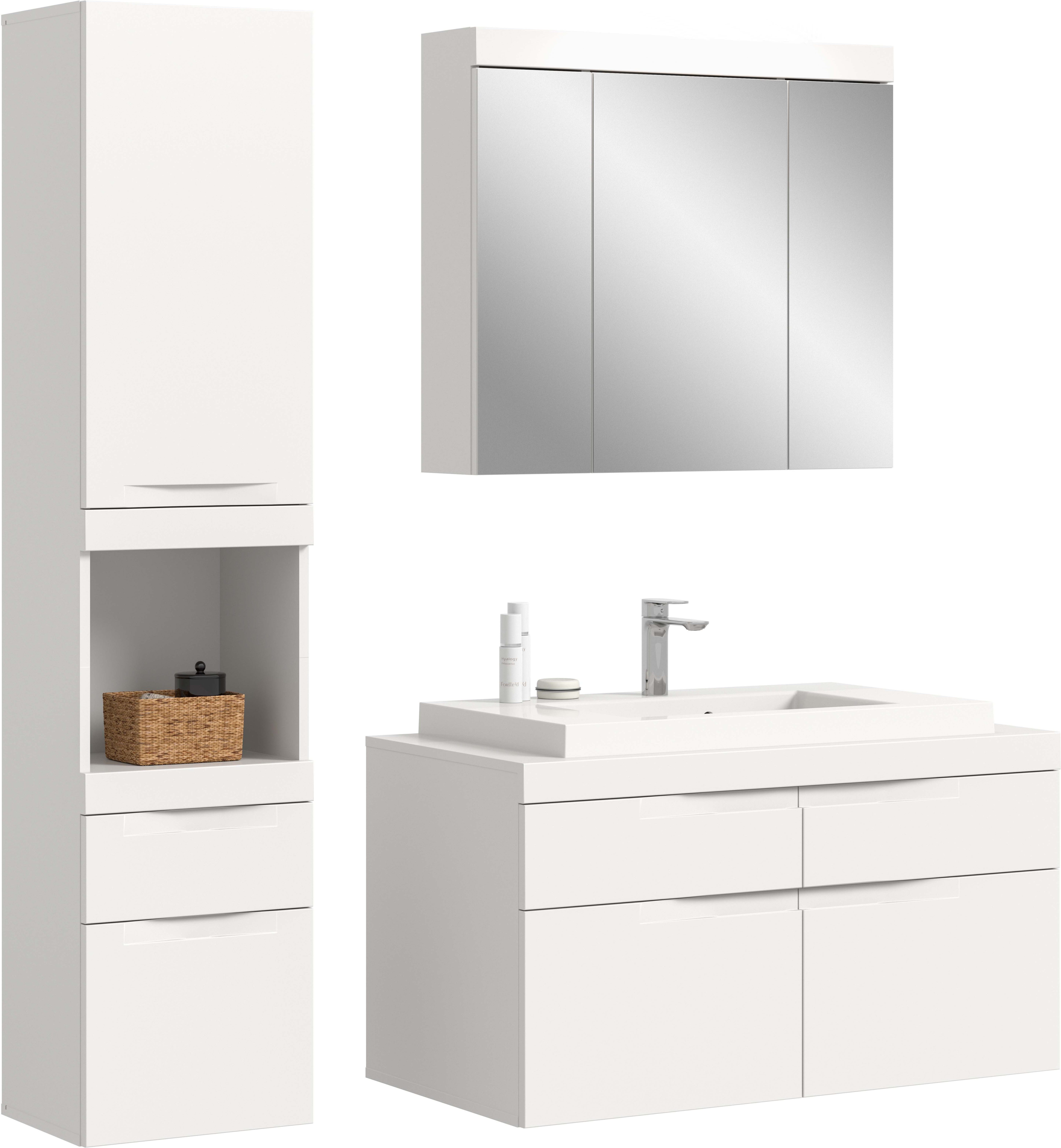 OTTO home Badmöbel-Set MAOI, 3-tlg. Badkombi, hochwertige MDF Front, optional mit Beleuchtung, (Hängeschrank, Spiegelschrank (Bel. opt)& Waschtisch inkl. Waschbecken), Bad-Kombination, Bad-Möbel, Badezimmer, Kombination, Kombi