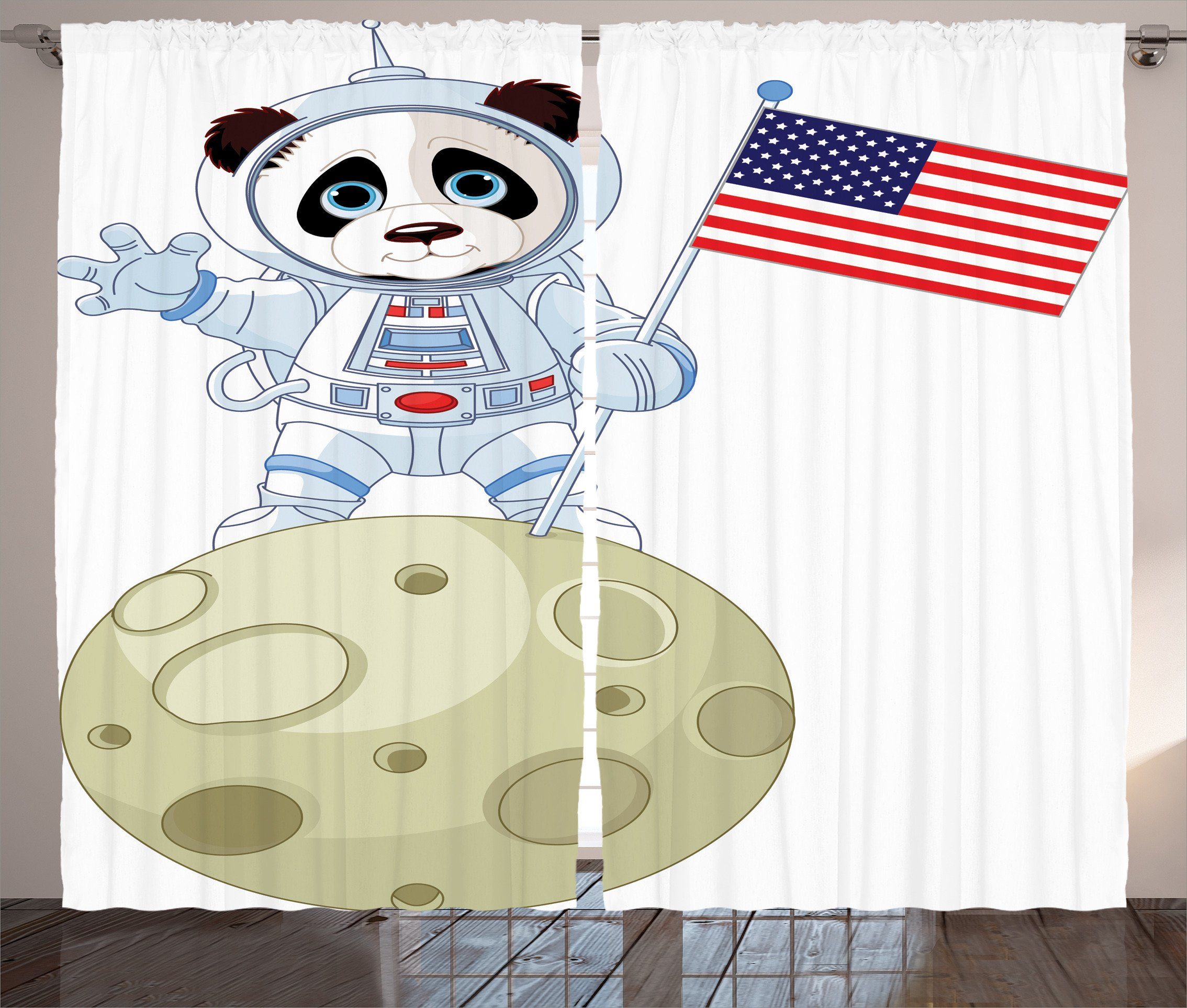 Gardine Schlafzimmer Kräuselband Vorhang mit Schlaufen und Haken, Abakuhaus, Panda Astronaut auf Mond-Karikatur