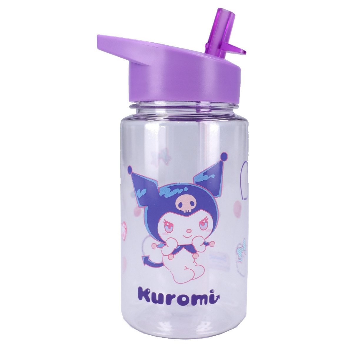 Hello Kitty Trinkflasche Kuromi 450 ml transparent mit Klappdeckel und Strohhalm