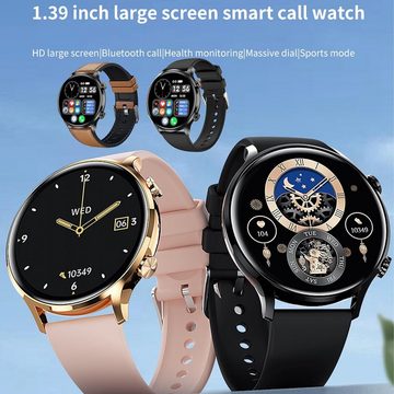 MYSHUN Herren mit Telefonfunktion Touchscreen IP68 Wasserdicht Sport Smartwatch (1.39 Zoll, Andriod iOS), mit Blutdruckmessung 123 Sportmodi 3 Uhrenarmbänder Aktivitätstracker