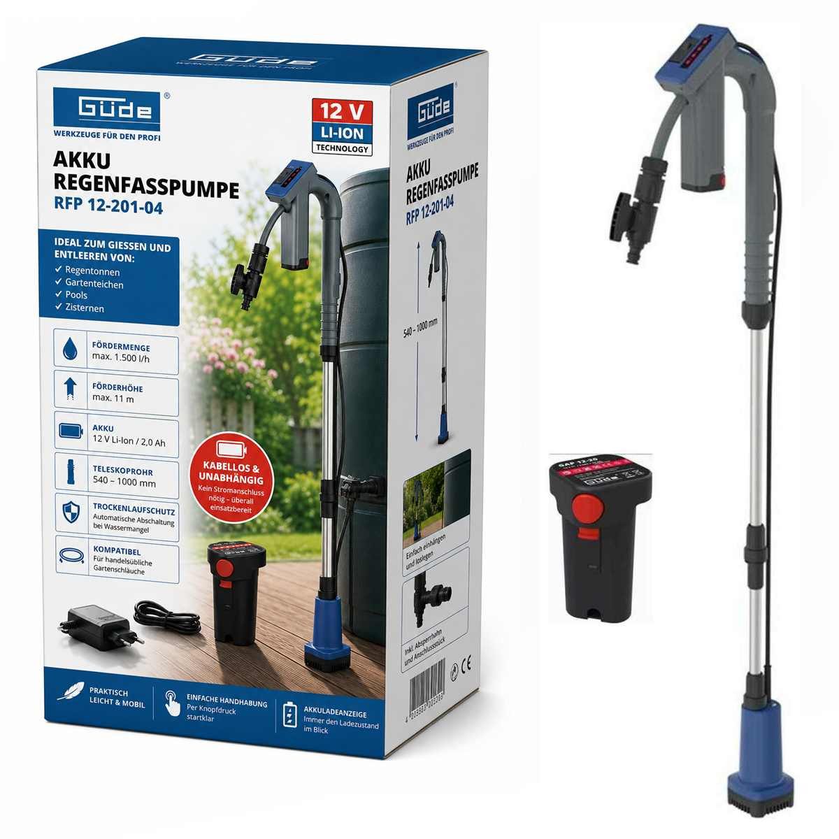 Güde Regenfasspumpe Güde Akku Regenfasspumpe 12V RFP 12-201-04 + Akku und Ladegerät