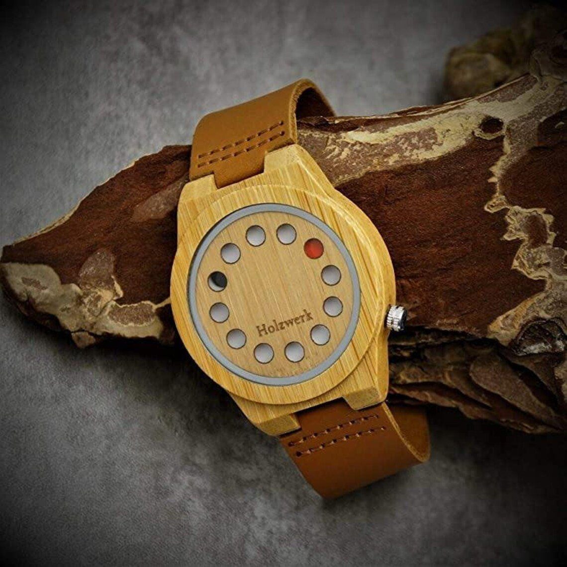 Holzwerk Quarzuhr ESCHWEGE Damen und Herren Holz Uhr mit Leder Armband in beige