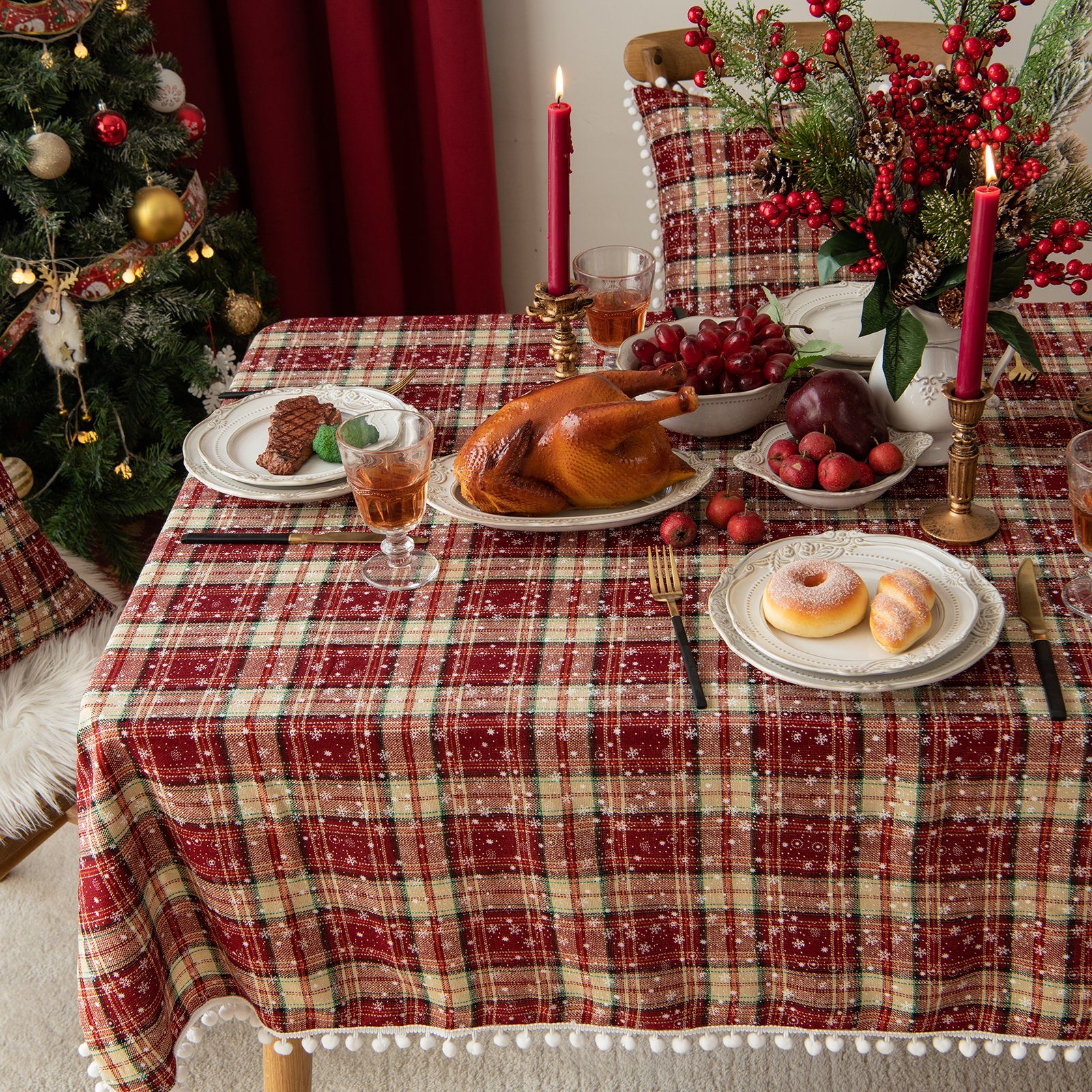 Kissenbezug Schneeflocke Pompon, kariert, Stuhldeko für Tisch- Rosnek (1 Weihnachten, und zu Schneeflocke+Pompon Stück)