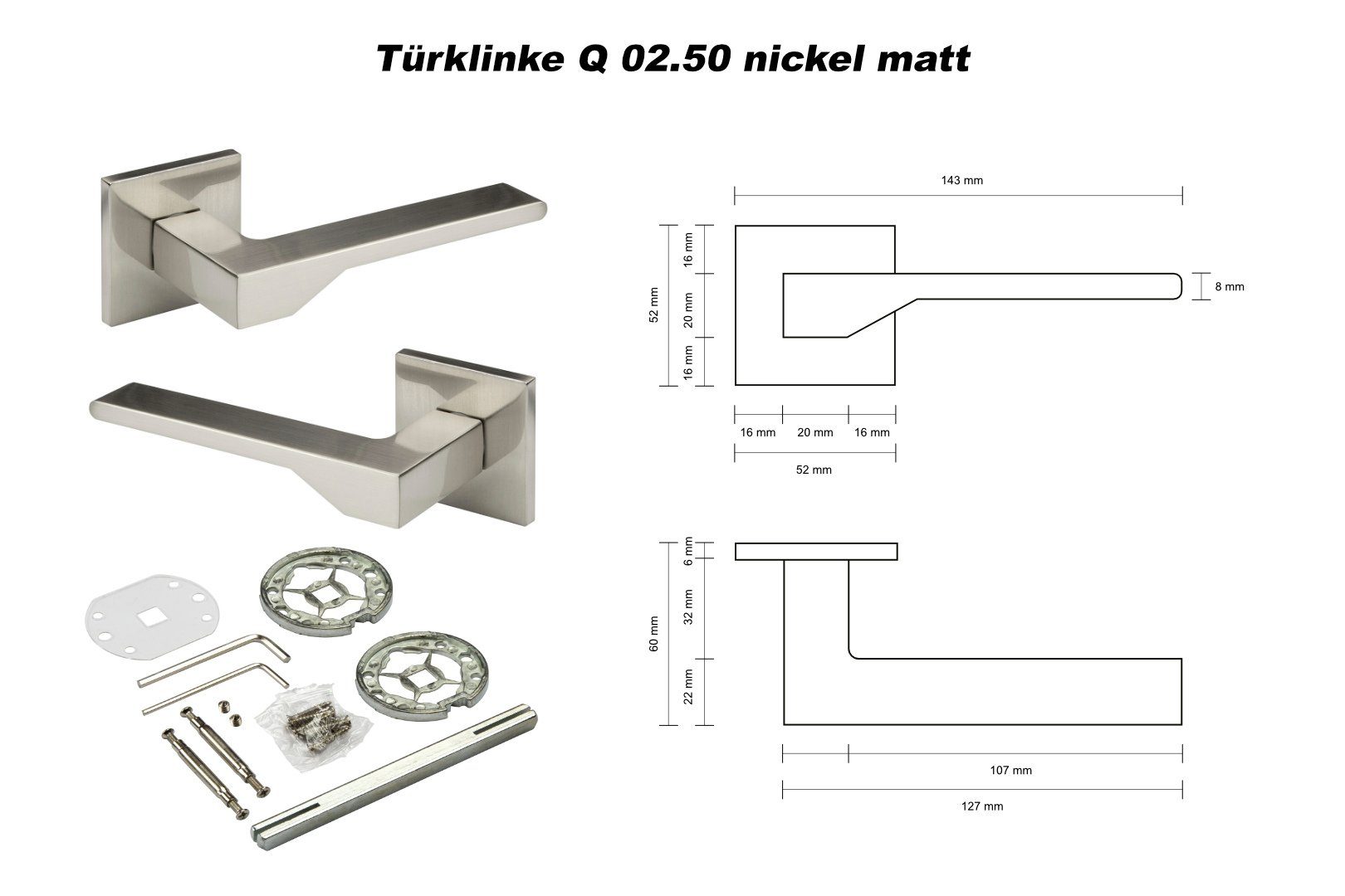 matt - in Q02.50 WC Q02 Drückergarnitur Zimmer (Türklinke) Borelli Aluminium nickel Set Türklinke Hexim Rosetten / Drehriegel matt, Türschloss Farben Bad 4 Türgriff WC Ricardo