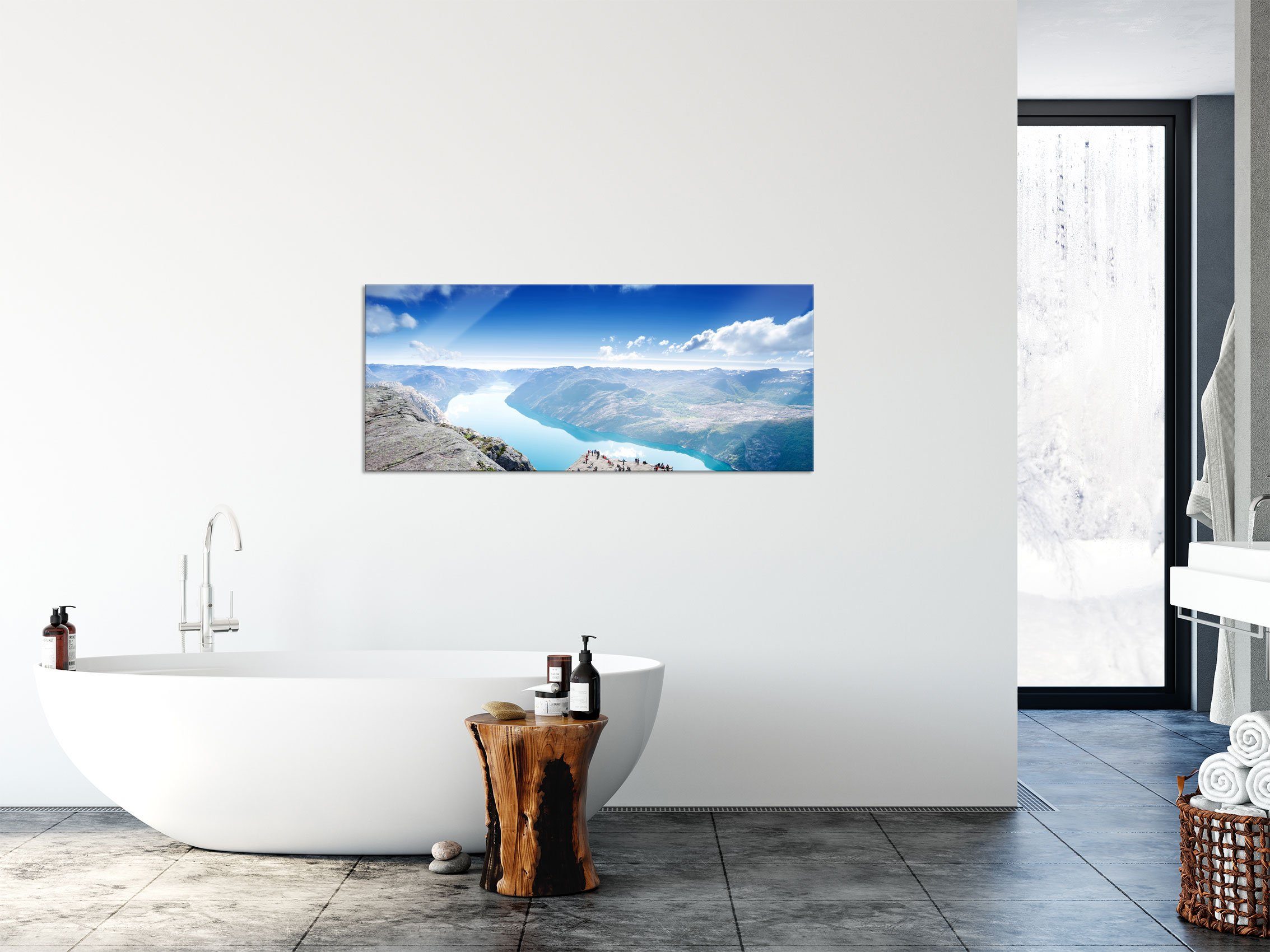 Pixxprint Glasbild Norwegen aus St), Abstandshalter Echtglas, Lysefjord Norwegen, (1 Glasbild Preikestolen Lysefjord und Preikestolen Aufhängungen inkl