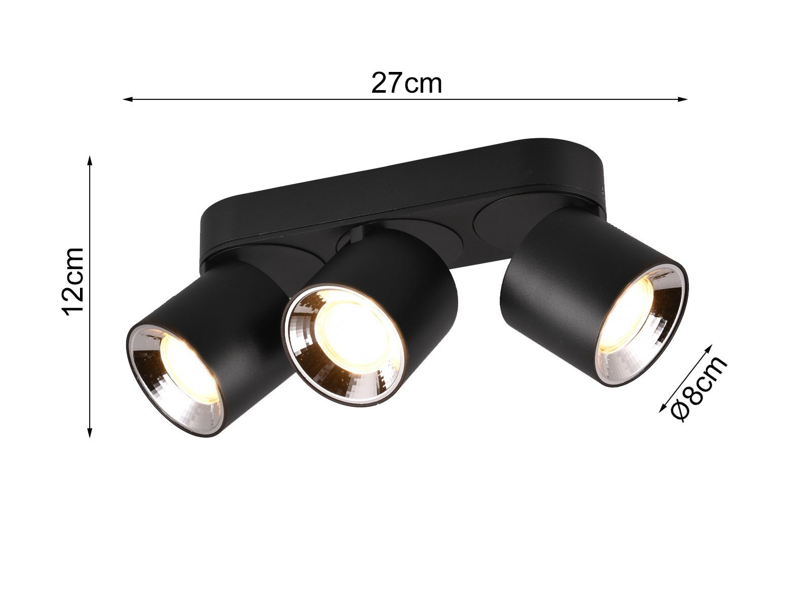 TRIO Leuchten LED Deckenstrahler, Dimmfunktion, LED wechselbar, Warmweiß, Wandstrahler innen, dimmbar über Schalter, Aufbauspots Schwarz, 27cm