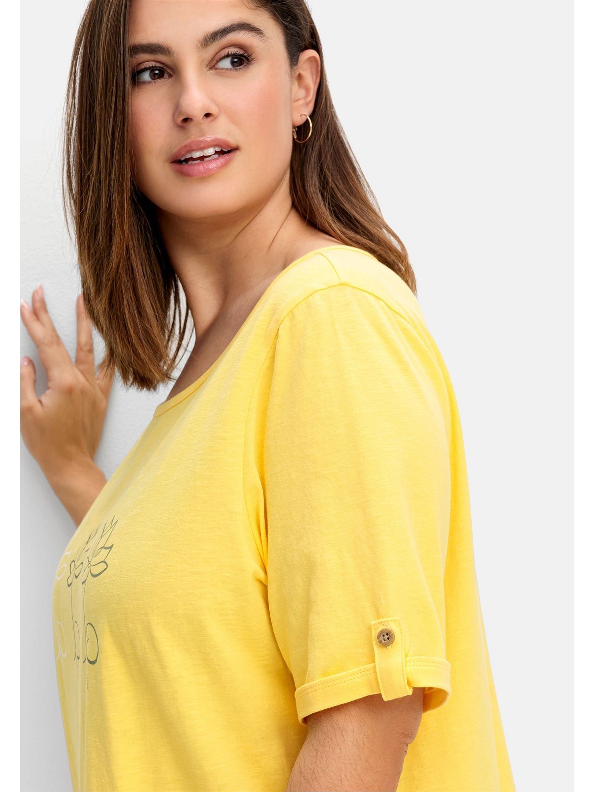 Größen mit gelb Baumwolle Große Sheego aus Blumen-Frontprint, T-Shirt