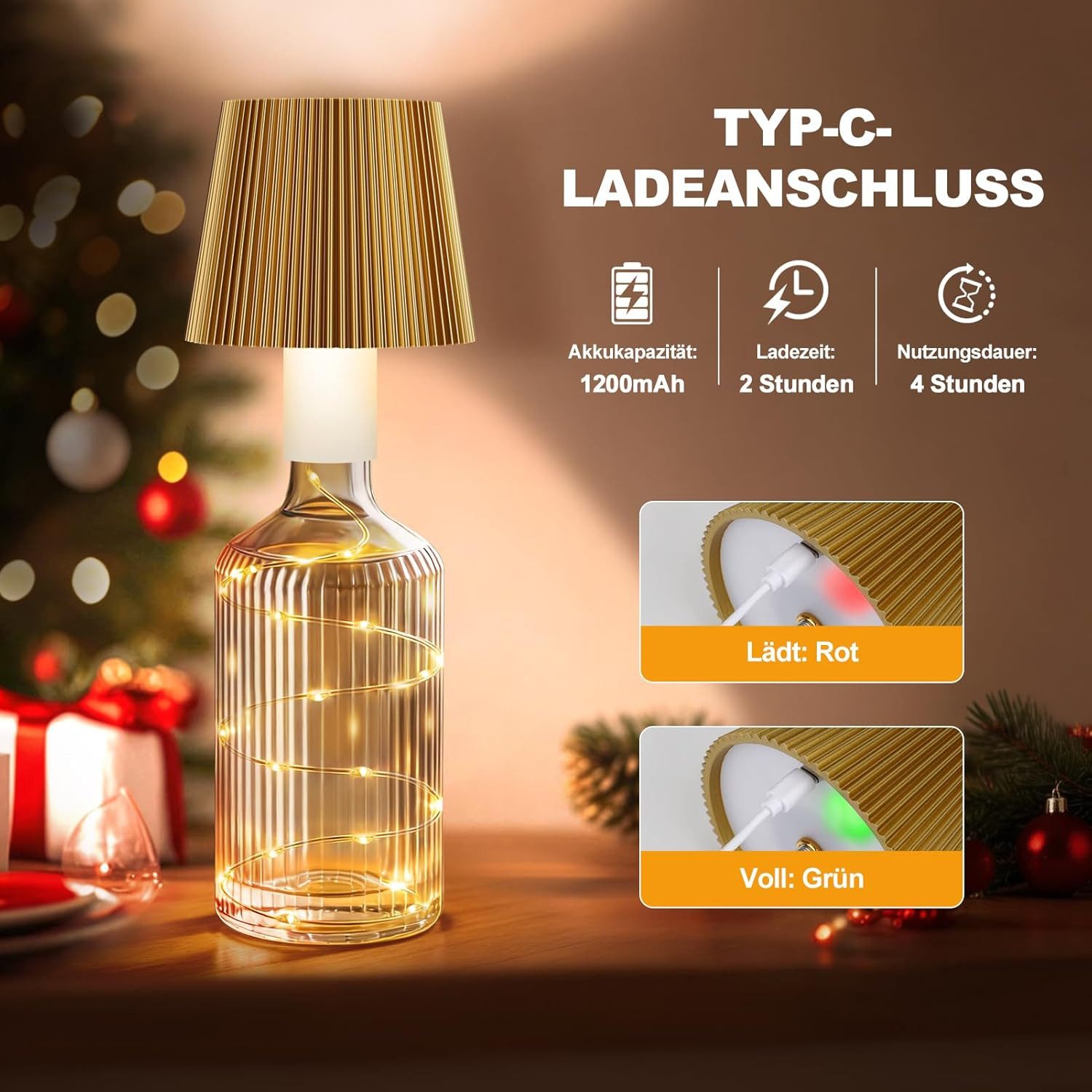 LaCute LED Dekoobjekt LED Flaschenlampe Akku Lichterkette USB-C Touch Dimmbar Gold, LED fest integriert, Kaltweiß (6000 K), Warmweiß (3000 K), Neutralweiß (4500 – Bild 4 von 5
