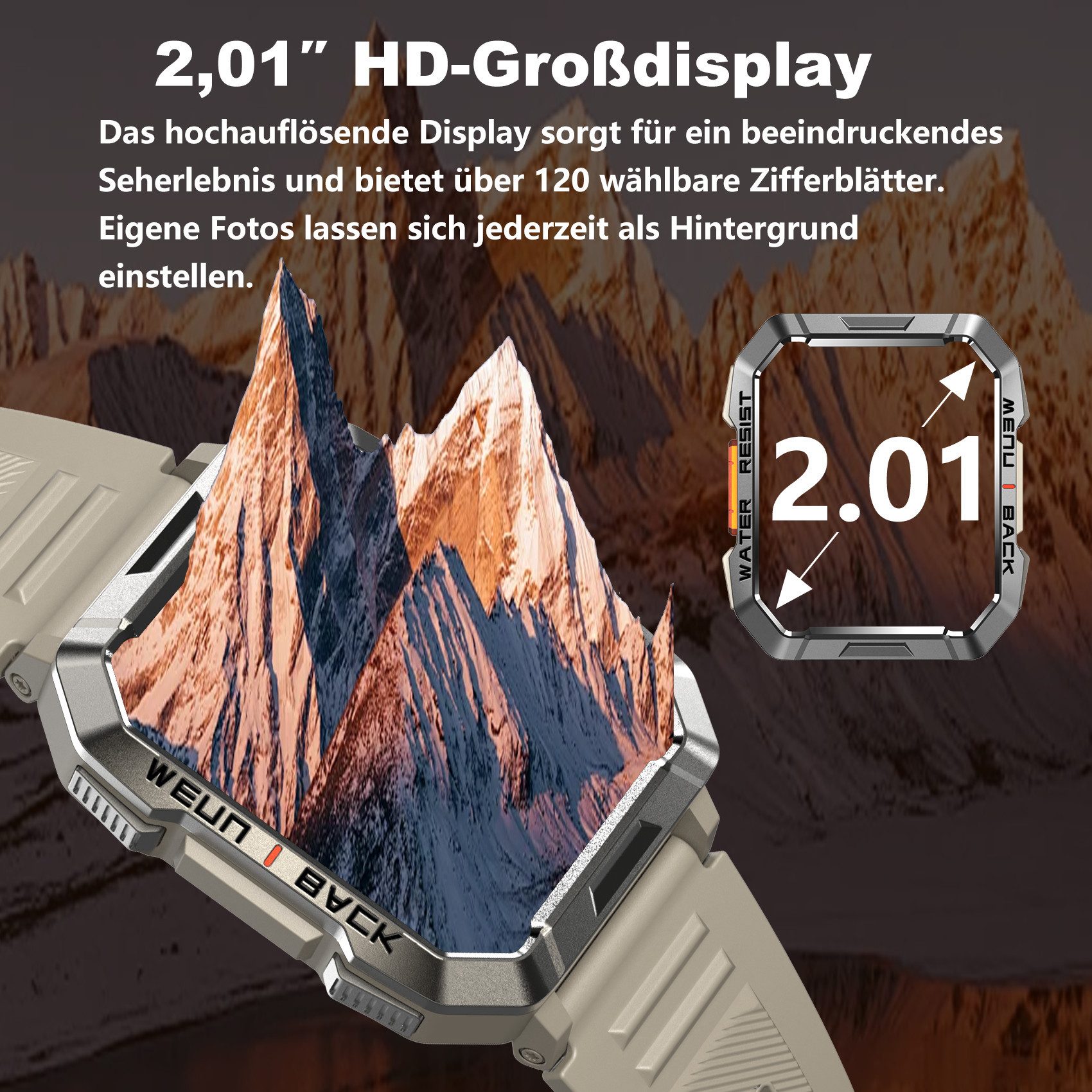 blackview Smartwatch Herren Militär,LEDTaschenlampe/Kompass/2 Armbänders/Outdoor Smartwatch (2.01 Zoll, iOS/Android), 2 Armbänder 1 Ladekabel, Anruffunktion,30Tage Akkulaufzeit,Schrittzähler,Wettervorhersagen,IP68