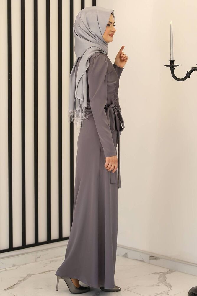 Modavitrini Satinkleid Damen Hijab Abendkleid langärmliges Maxikleid Abiye Abaya (HÜLYA) mit Schleife