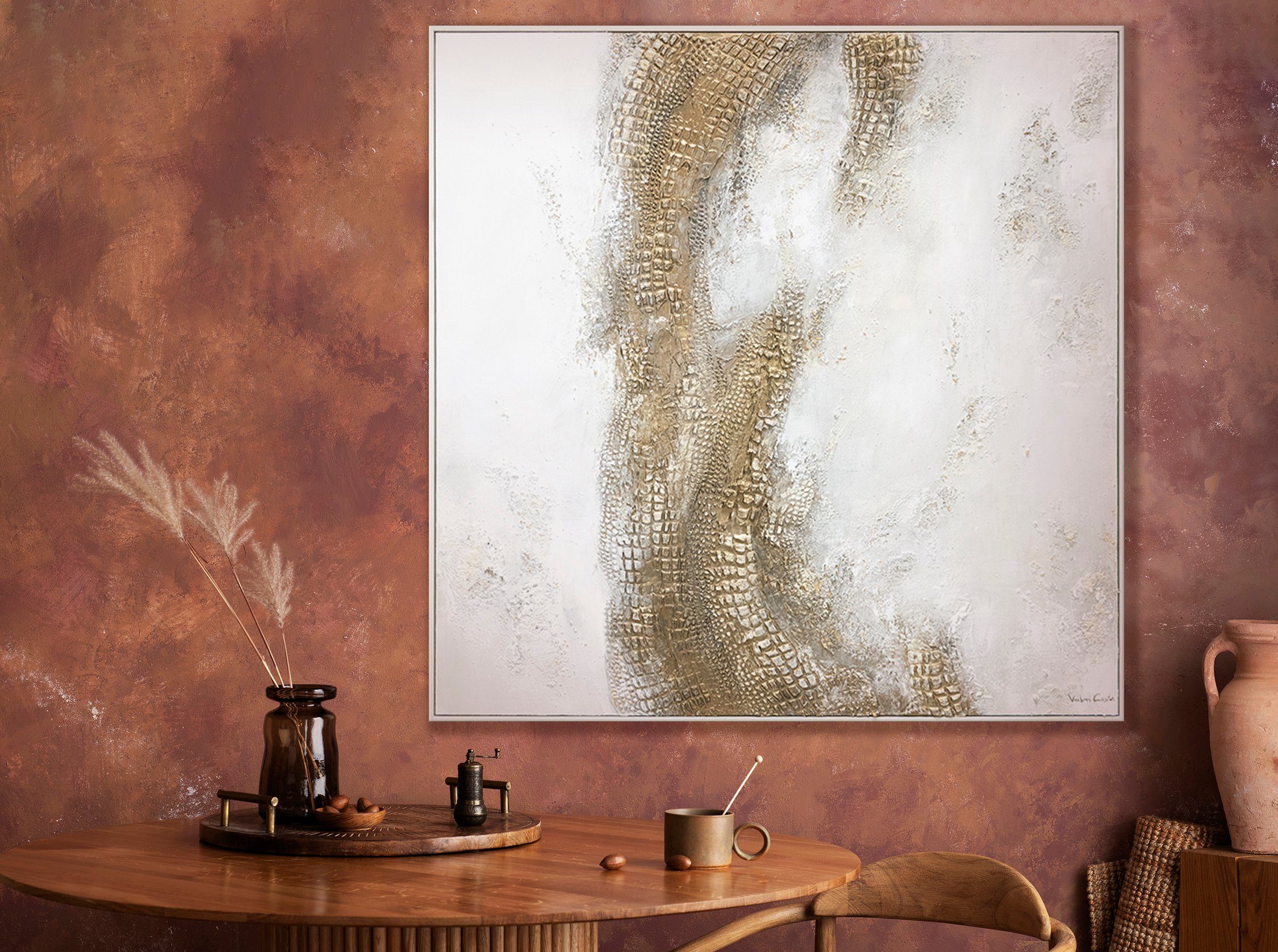 Leinwand in YS-Art Exklusiv, Abstrakte Rahmen Bilder, mit Struktur Bild Gemälde Handgemalt Gold