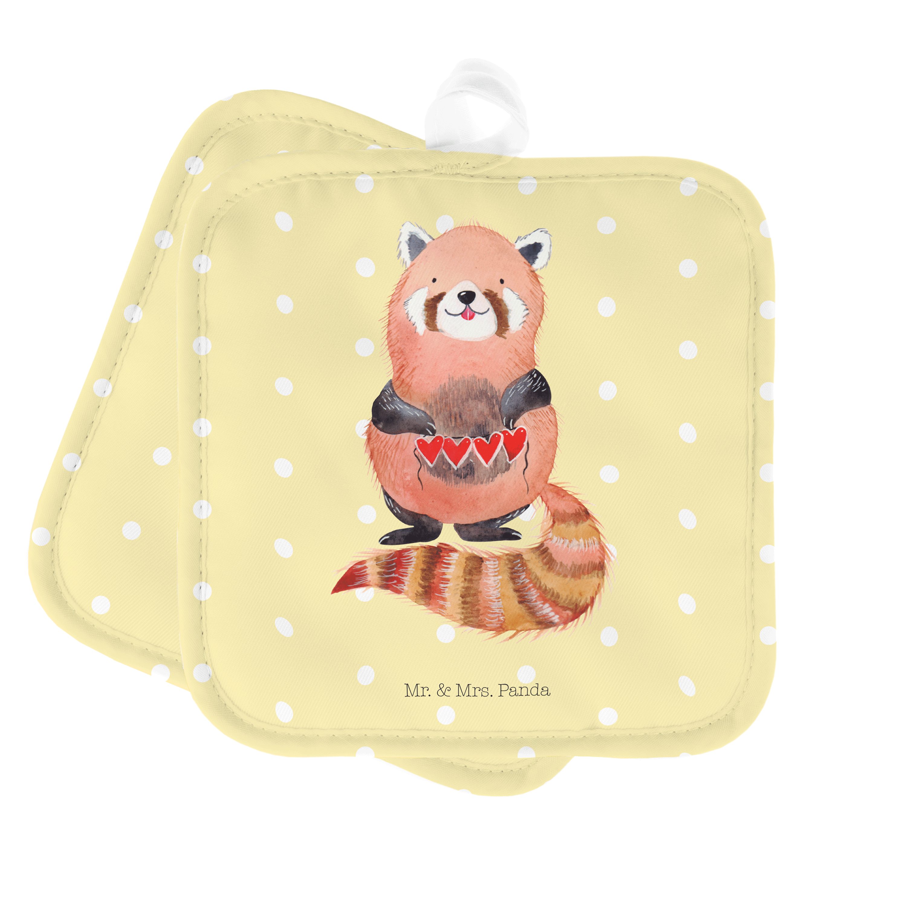 Mr. & Mrs. Panda Topflappen Roter Panda - Gelb Pastell - Geschenk, Topflappen lustig, Gute Laune, (1-tlg) | Topflappen