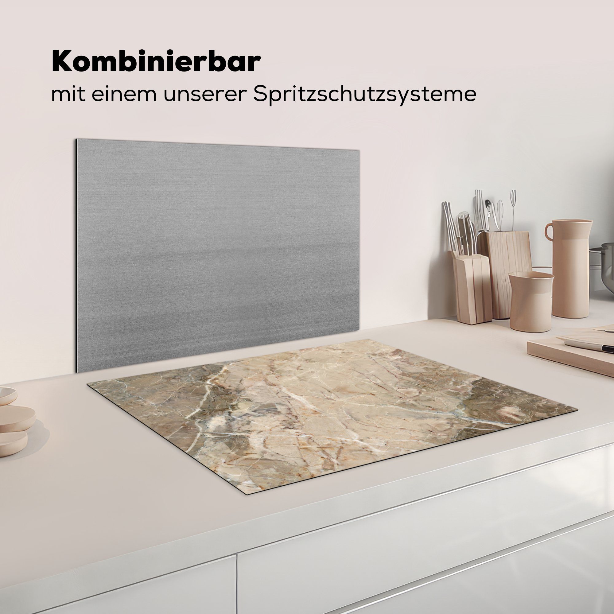 Vinyl, Grau tlg), Arbeitsfläche Herdblende-/Abdeckplatte 70x52 (1 Ceranfeldabdeckung - MuchoWow Gelb - Granit Kristalle, - cm, Mobile nutzbar,