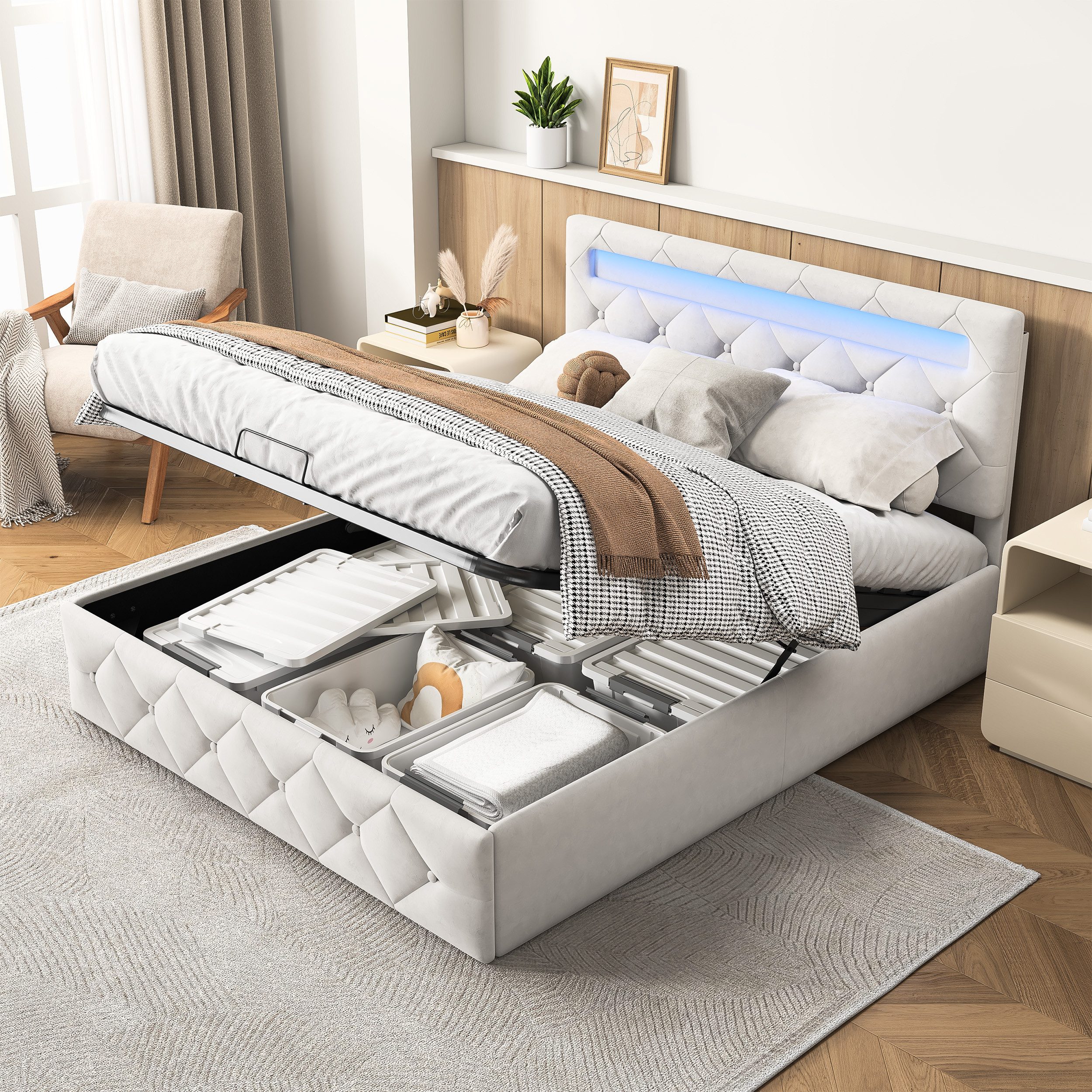 ADWOLT Polsterbett LED Hydraulisches Stauraumbett Doppelbett Samt, (Set, 1-tlg., Verstellbare Kopfteilhöhe), 160x200cm Beige