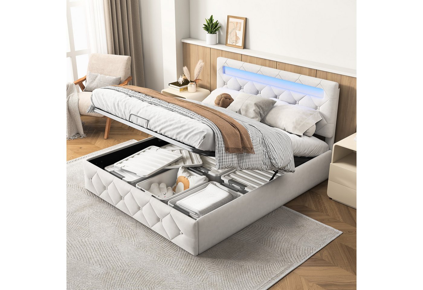 ADWOLT Polsterbett LED Hydraulisches Stauraumbett Doppelbett Samt, (Set, 1-tlg., Verstellbare Kopfteilhöhe), 140x200cm Beige