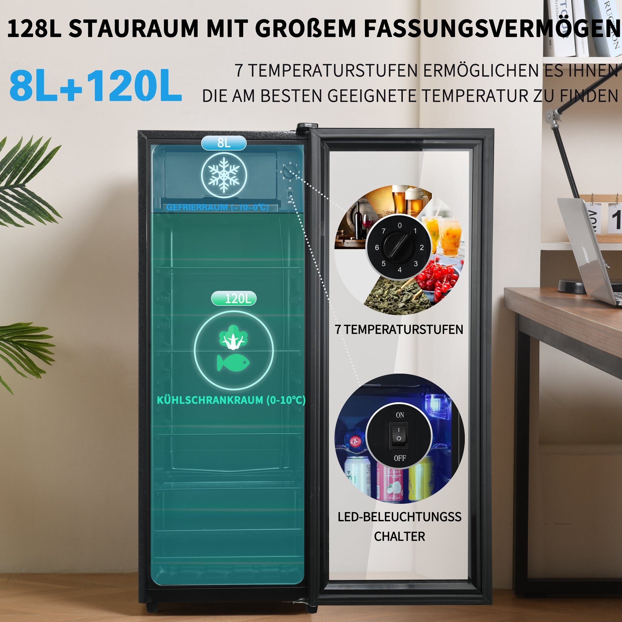 Merax Kühlschrank 128L mit Gefrierfach, Glastür, LED-Beleuchtung, verstellebare Ablage, Getränkekühlschrank SC-128P, 110 cm hoch, 40 cm breit, Mini Kühlschrank, Kühl- und Gefrierfunktion, freistehend