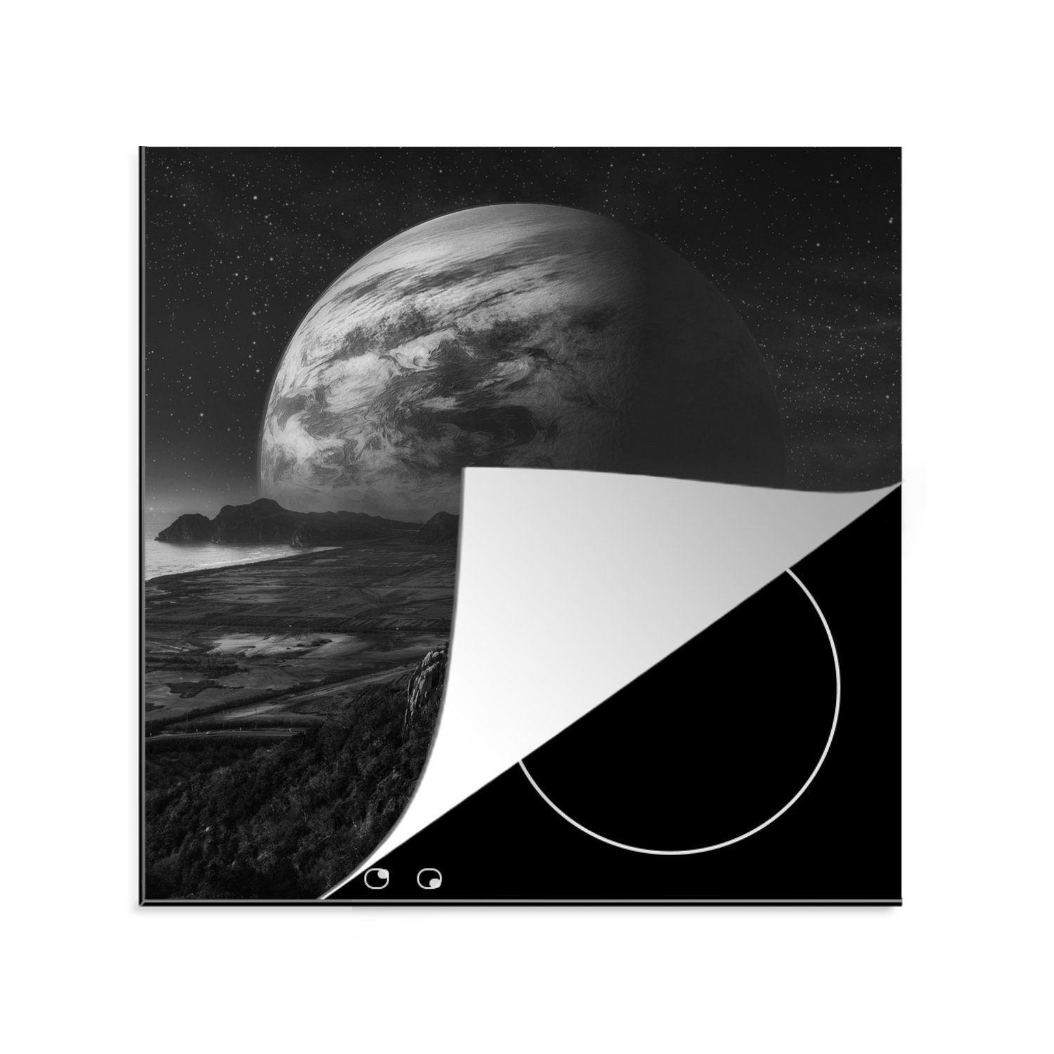 MuchoWow Herdblende-/Abdeckplatte Planeten - Berge - Sterne, Vinyl, (1 tlg), 78x78 cm, Ceranfeldabdeckung, Arbeitsplatte für küche | Herdabdeckplatten