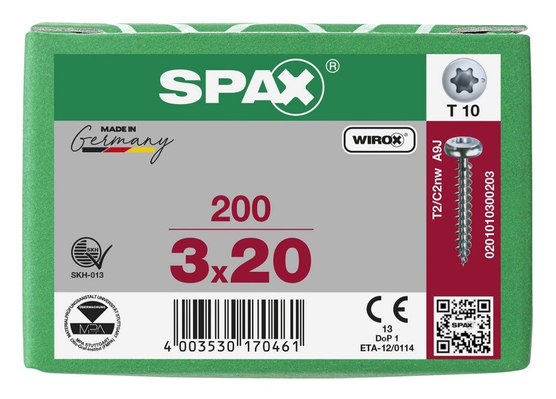 verzinkt, Spanplattenschraube weiß mm 200 SPAX St), (Stahl 3x20 Universalschraube,