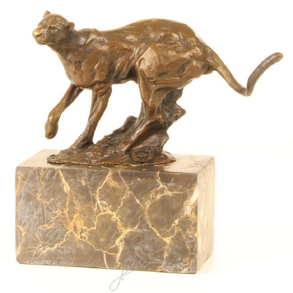 Casa Padrino Dekofigur Luxus Bronze Skulptur rennender Puma Bronze / Gold / Mehrfarbig 20 x 10,4 x H. 18 cm - Deko Bronzefigur mit Kunststeinsockel