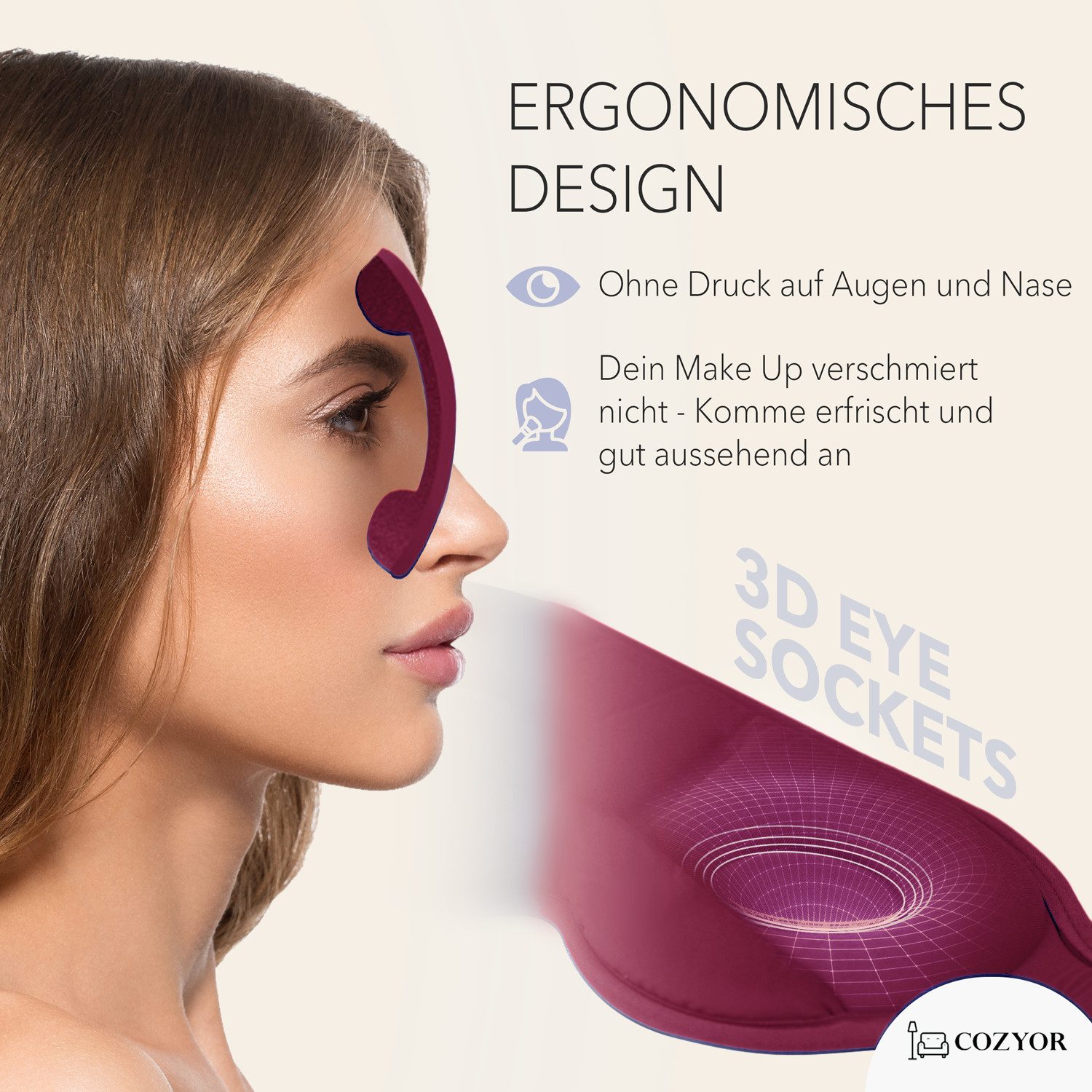 Cozyor Schlafmaske 100% Blackout-Effekt 3D Augenmaske mit ergonomischem Design, Reiseset klein & kompakt rot bordeaux Berry, Schlafmaske + Nackenkissen + 2 in 1 Reisedecke & -kissen + Ohrstöpsel, extra Polsterung und variable Passform