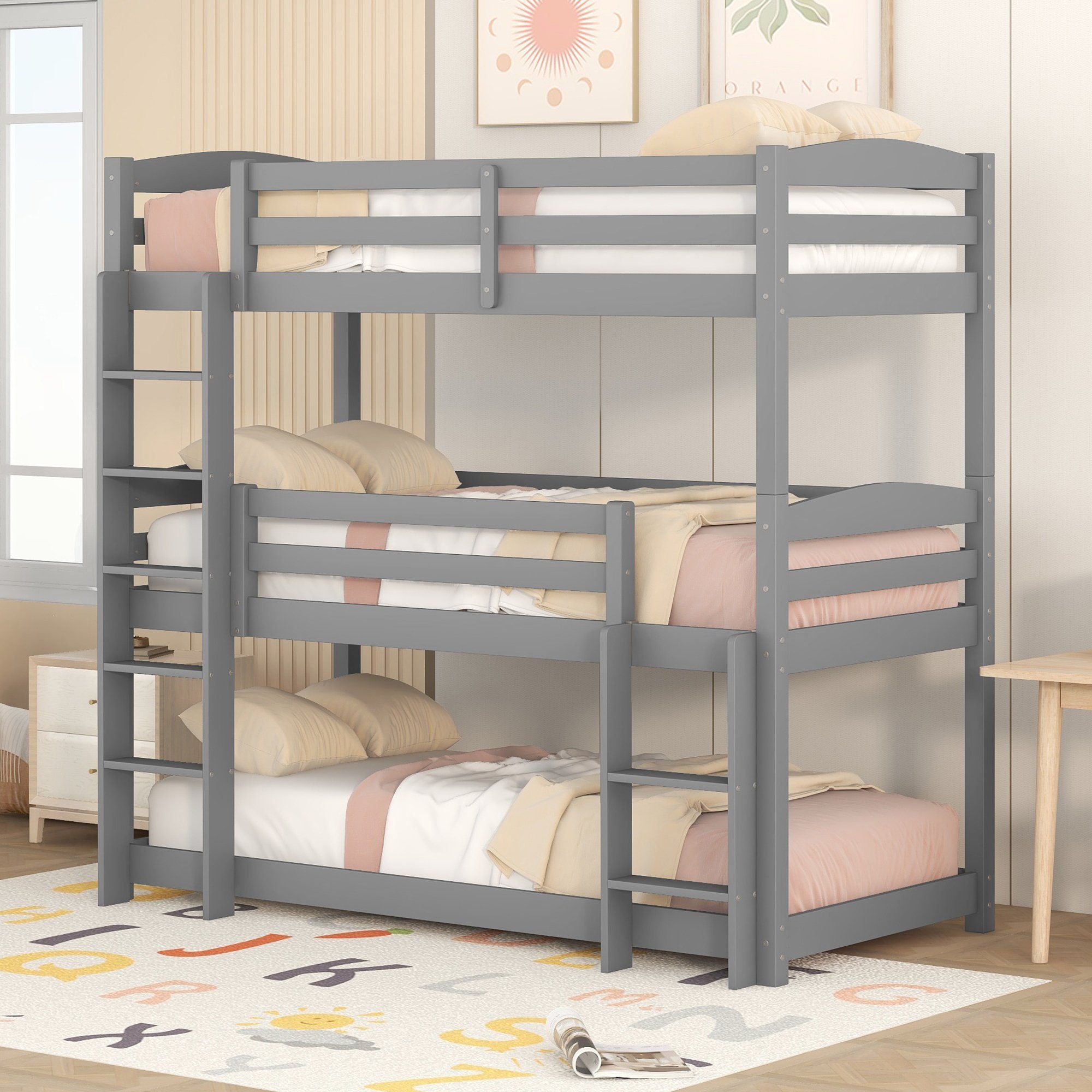 OKWISH Bett Kinderbett, Single-Size-Holz-Dreier-Etagenbett für Kinder (90*200cm), Ohne Matratze grau