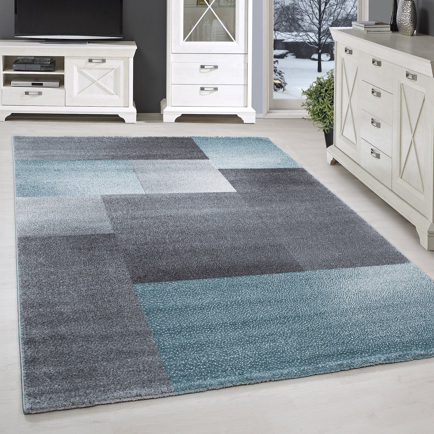 Teppich Kariert Design, SIMPEX24, Läufer, Höhe: 11 mm, Kurzflor Teppich Wohnzimmer Kariert Design Blau Teppich im modern Stil