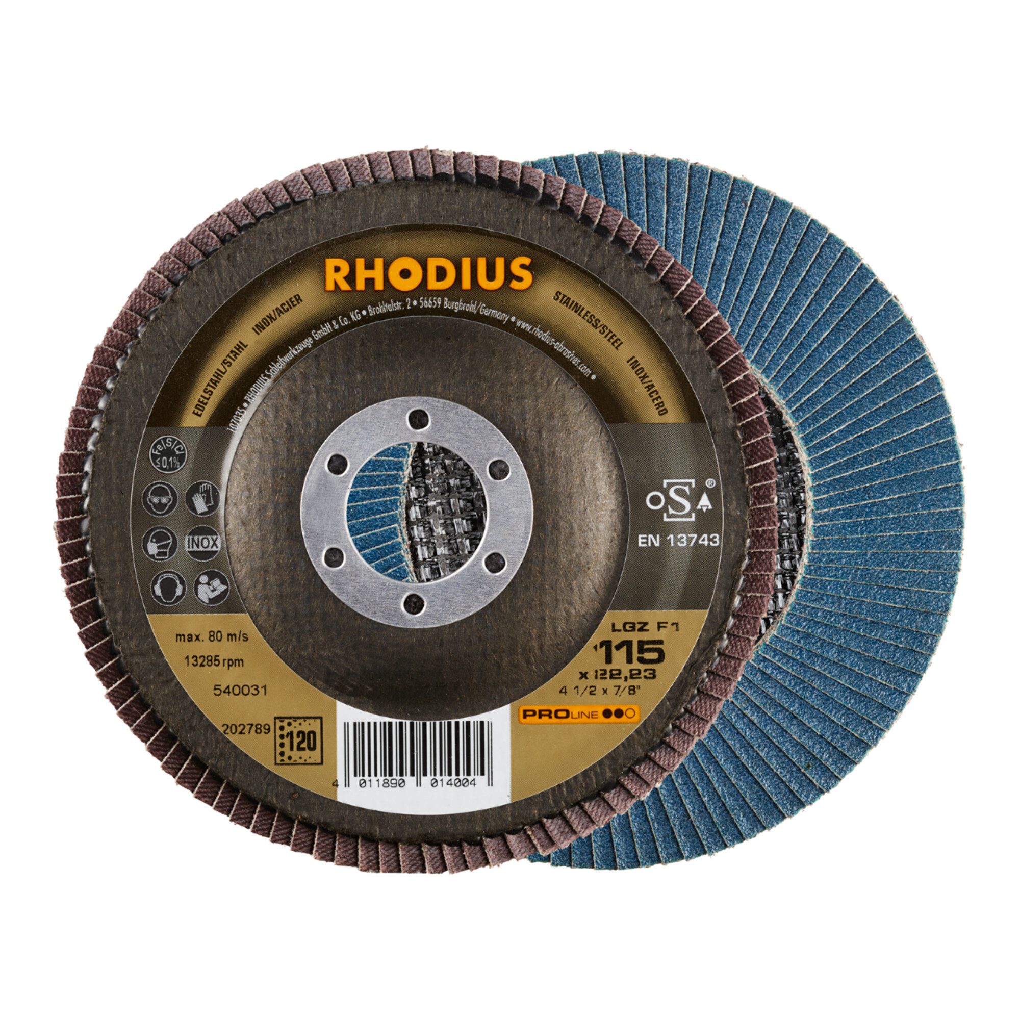 Rhodius Schleifscheibe RHODIUS PROline LGZ F1 Fächerschleifscheibe 115 x 22,23 mm K120 10 Stk