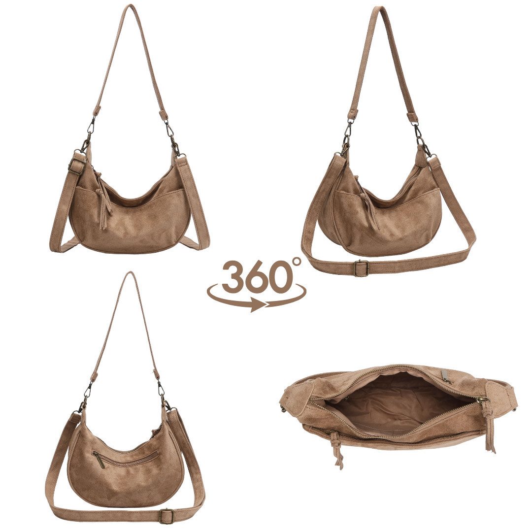 MIRROSI Umhängetasche Damen Hobo Bag Wildleder-Optik Schultertasche (mit Reißverschluss, verstellbarem Riemen, ca. 31 x 10 x 18 cm), Neue Kollektion Herbst/Wint – Bild 3 von 3