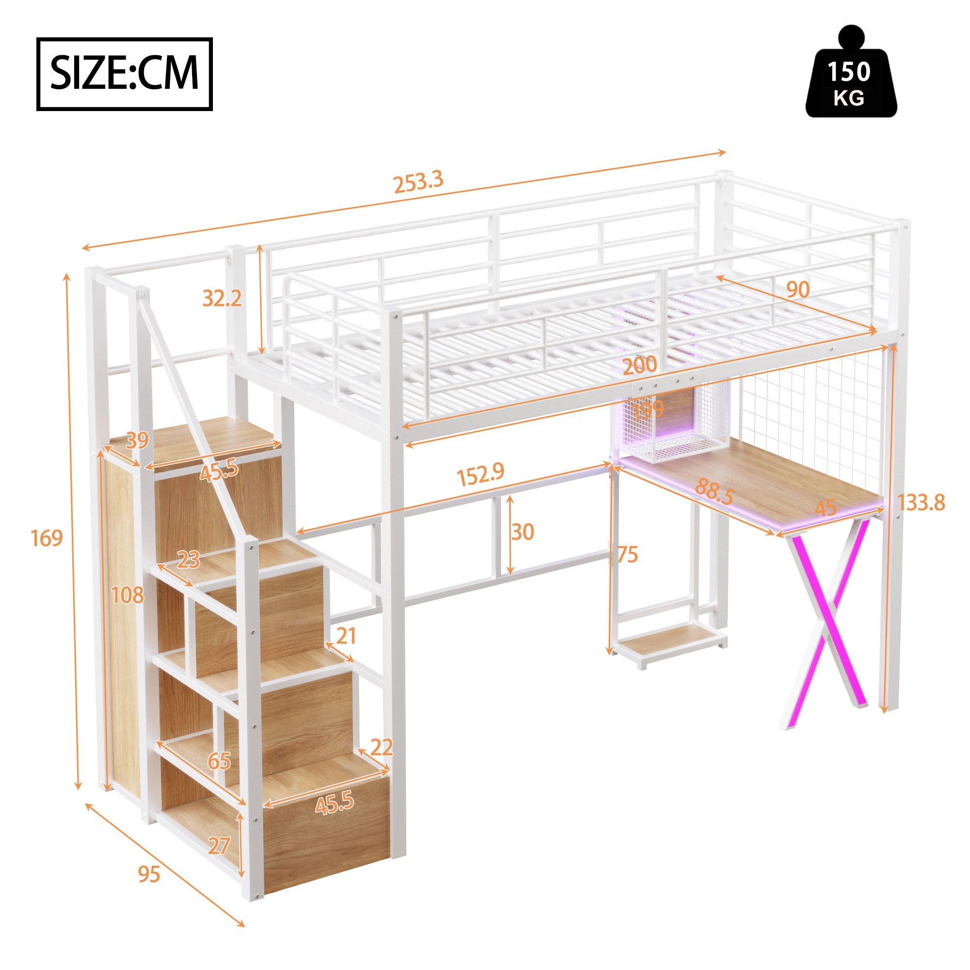 TavilaEcon Hochbett mit Ambientelicht, Ablageleiter, Schreibtisch & Kleider günstig online kaufen