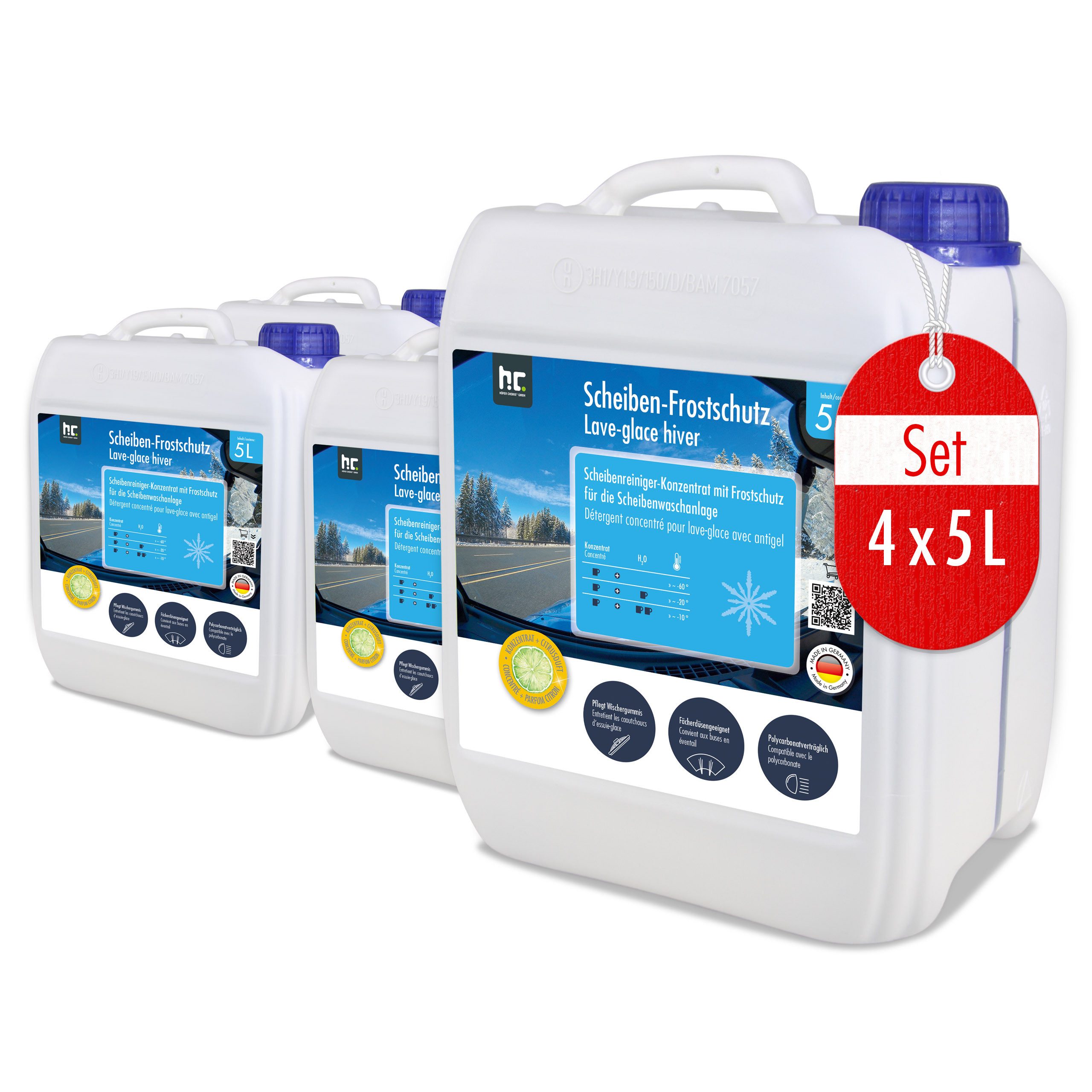 Höfer Chemie GmbH 4x 5 L Premium Scheiben Frostschutz -60 Grad Konzentrat Scheibenreiniger (Hochwirksamer Schutz vor Eis und Frost)