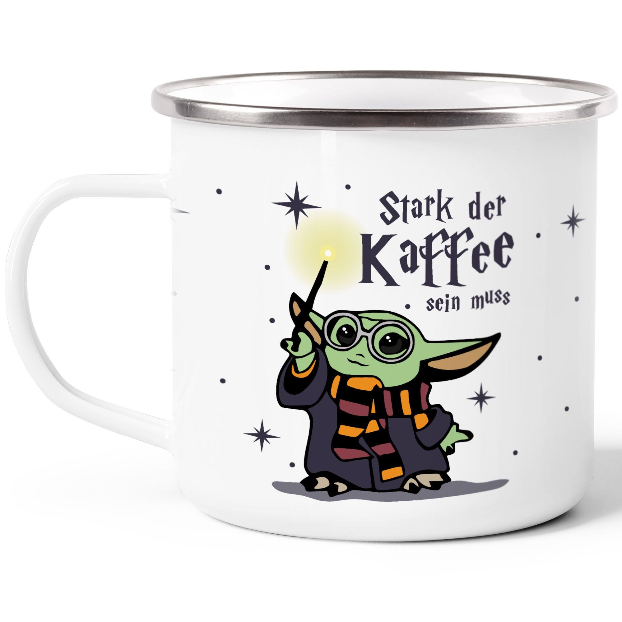 MoonWorks Tasse Emaille-Tasse Baby-Yoda Spruch lustig Stark der Kaffee sein muss, Metall, emailliert und mit Aufdruck